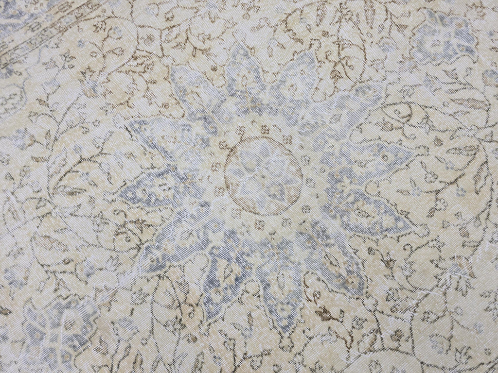 Oushak Rug 7.50x10.60 feet, Blue Medallion Turkish Carpet, Muted Cream Beige Floral, Vintage Tabriz Style Area Rug, Living Room