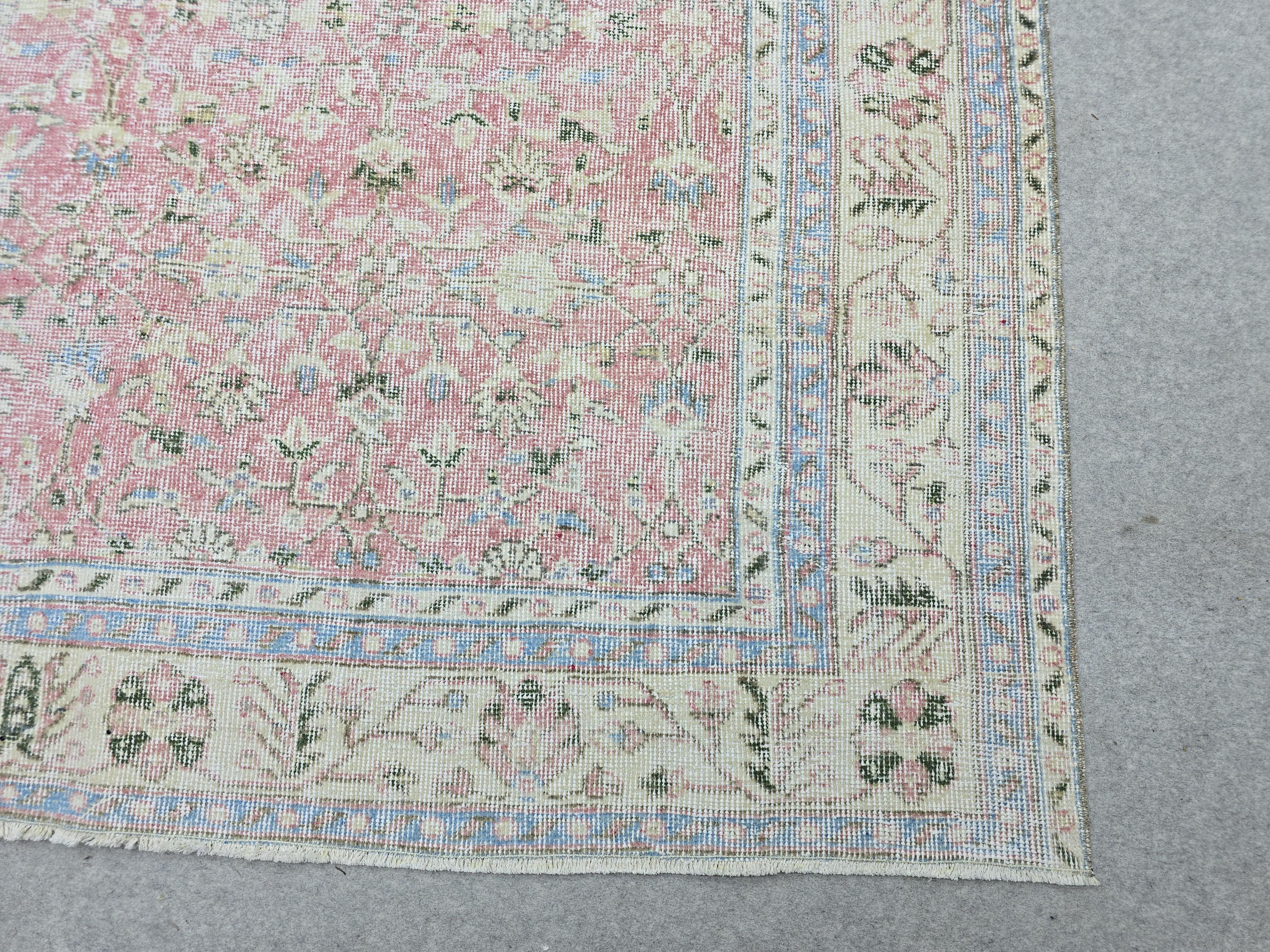Large Vintage Turkish Rug, 6x11 Floral Oushak Area Rug, Antique Pastel Muted Carpet, Bohemian Home Decor Rug, Hand-Knotted pink Wool Rug