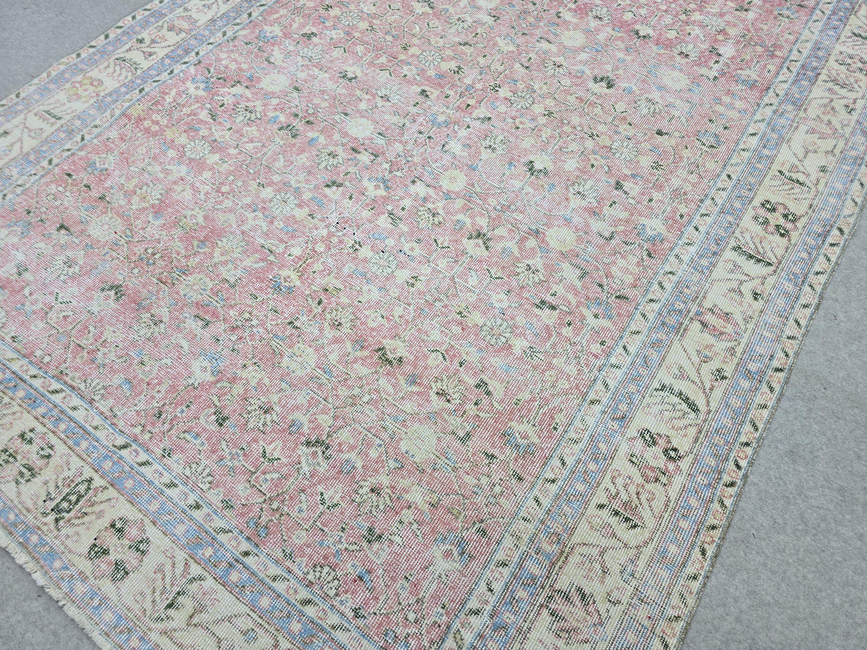 Large Vintage Turkish Rug, 6x11 Floral Oushak Area Rug, Antique Pastel Muted Carpet, Bohemian Home Decor Rug, Hand-Knotted pink Wool Rug