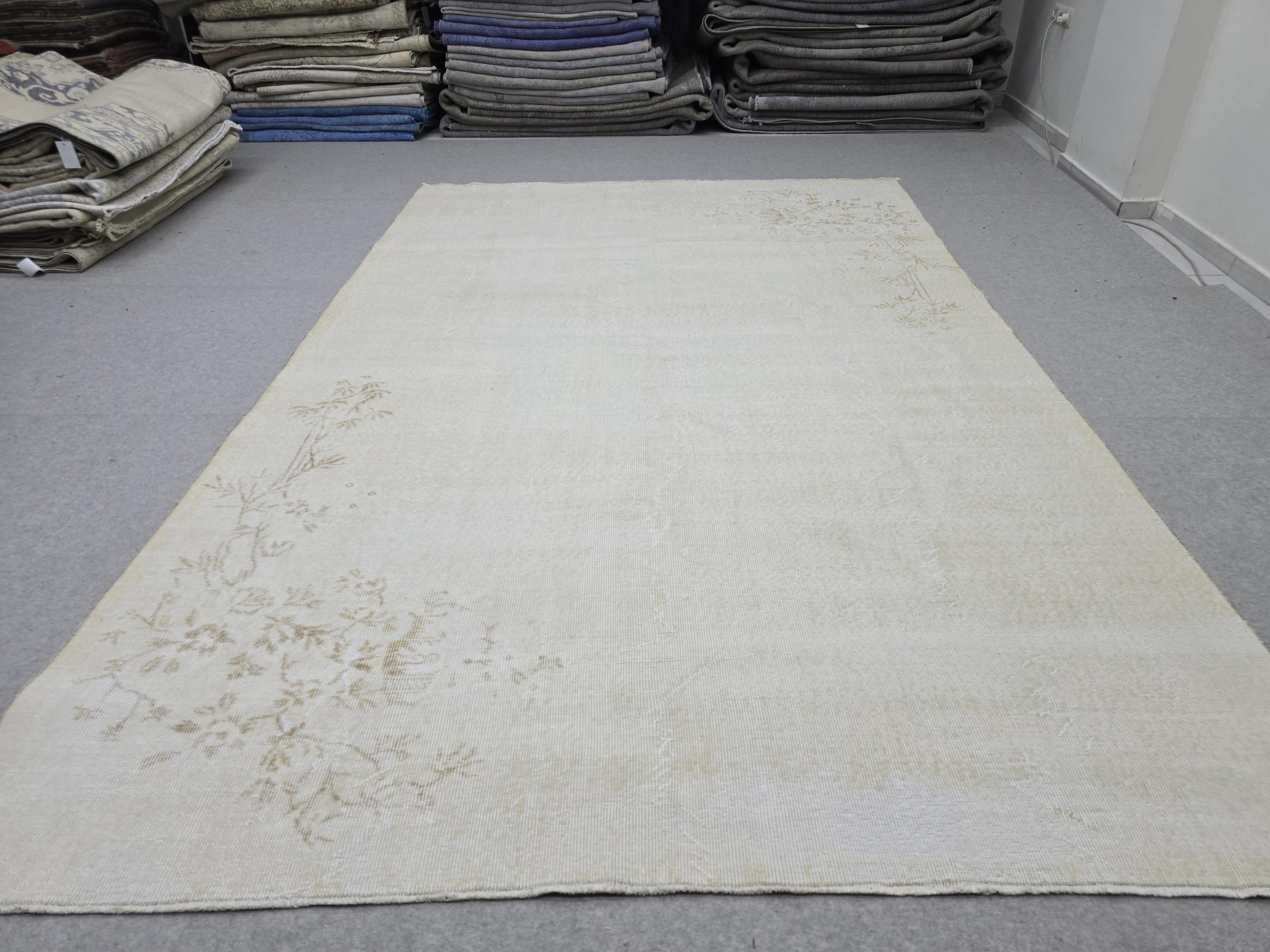 Large Vintage Turkish Rug 7x10, Neutral Beige Area Rug, Hand-Knotted Floral Wool Carpet, Muted Aesthetic Home Decor, Soft Cream Oushak Rug