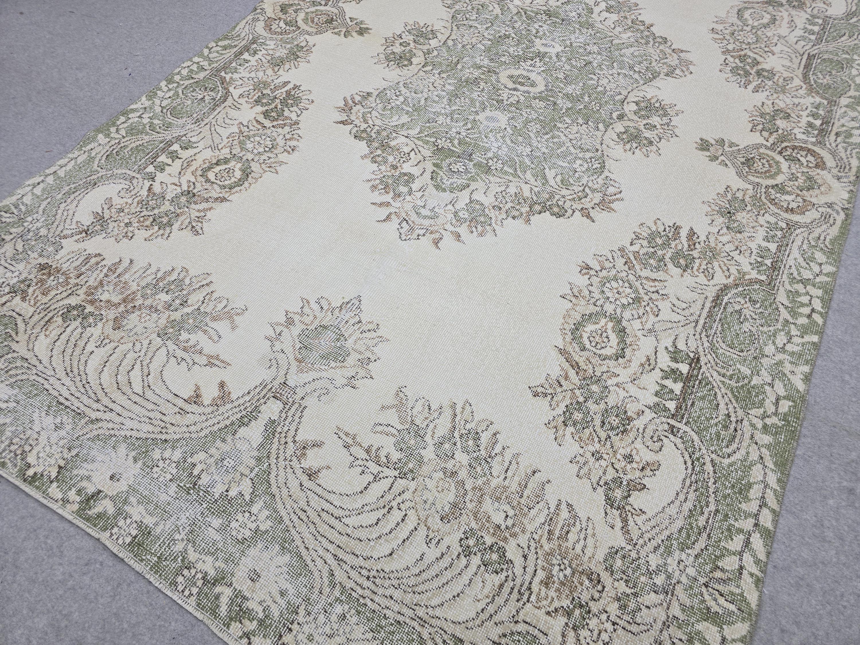 Muted Vintage Rug 6x10, Cream Green Floral Area Rug, Distressed Turkish Rug, Hand Knotted Wool Medallion Carpet, Scandinavian Bedroom Decor