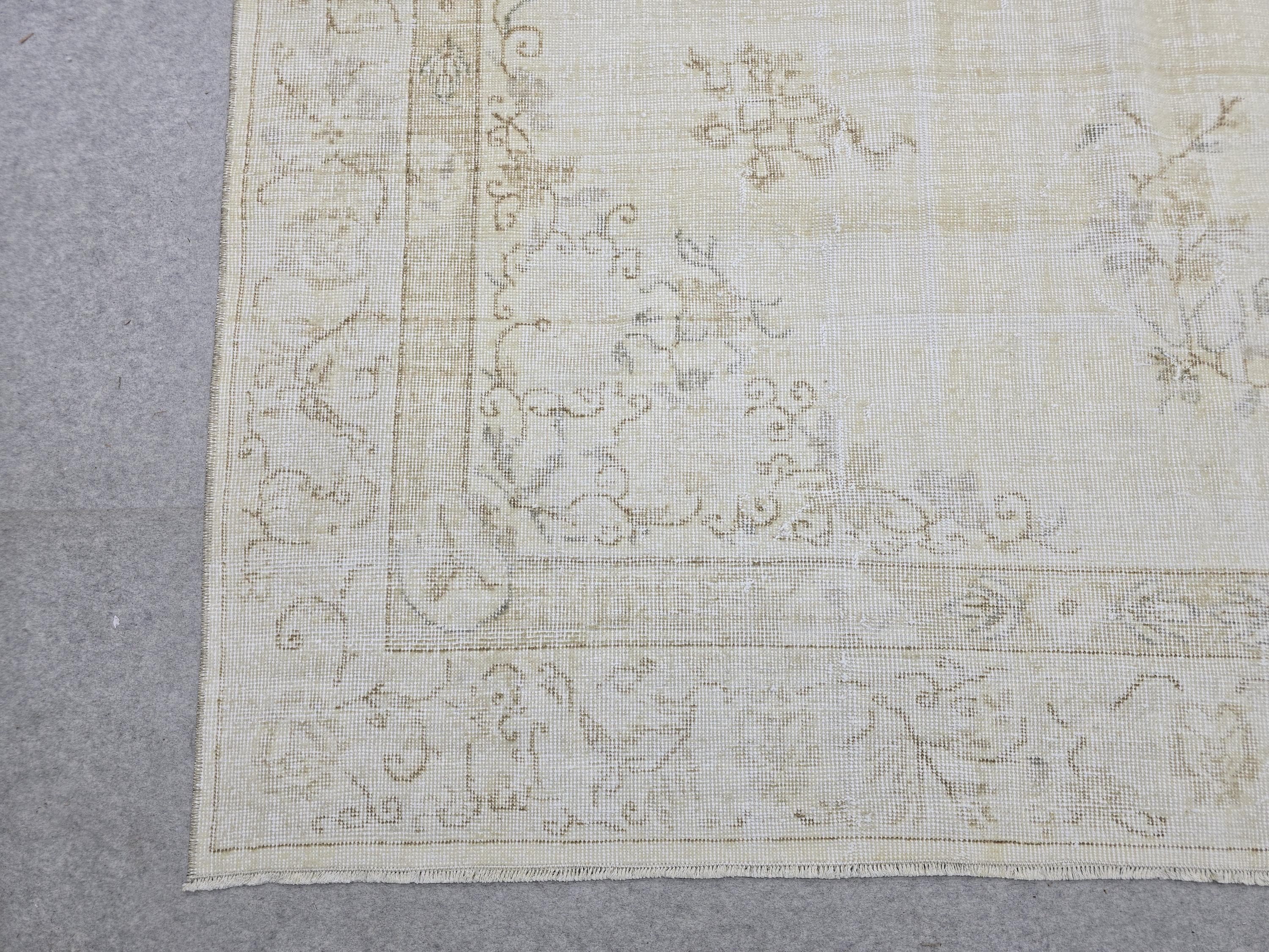 7x10 Vintage Turkish Rug, Muted Cream Isparta Carpet, Faded Beige Wool Area Rug for Living Room Decor, Neutral Farmhouse Rug