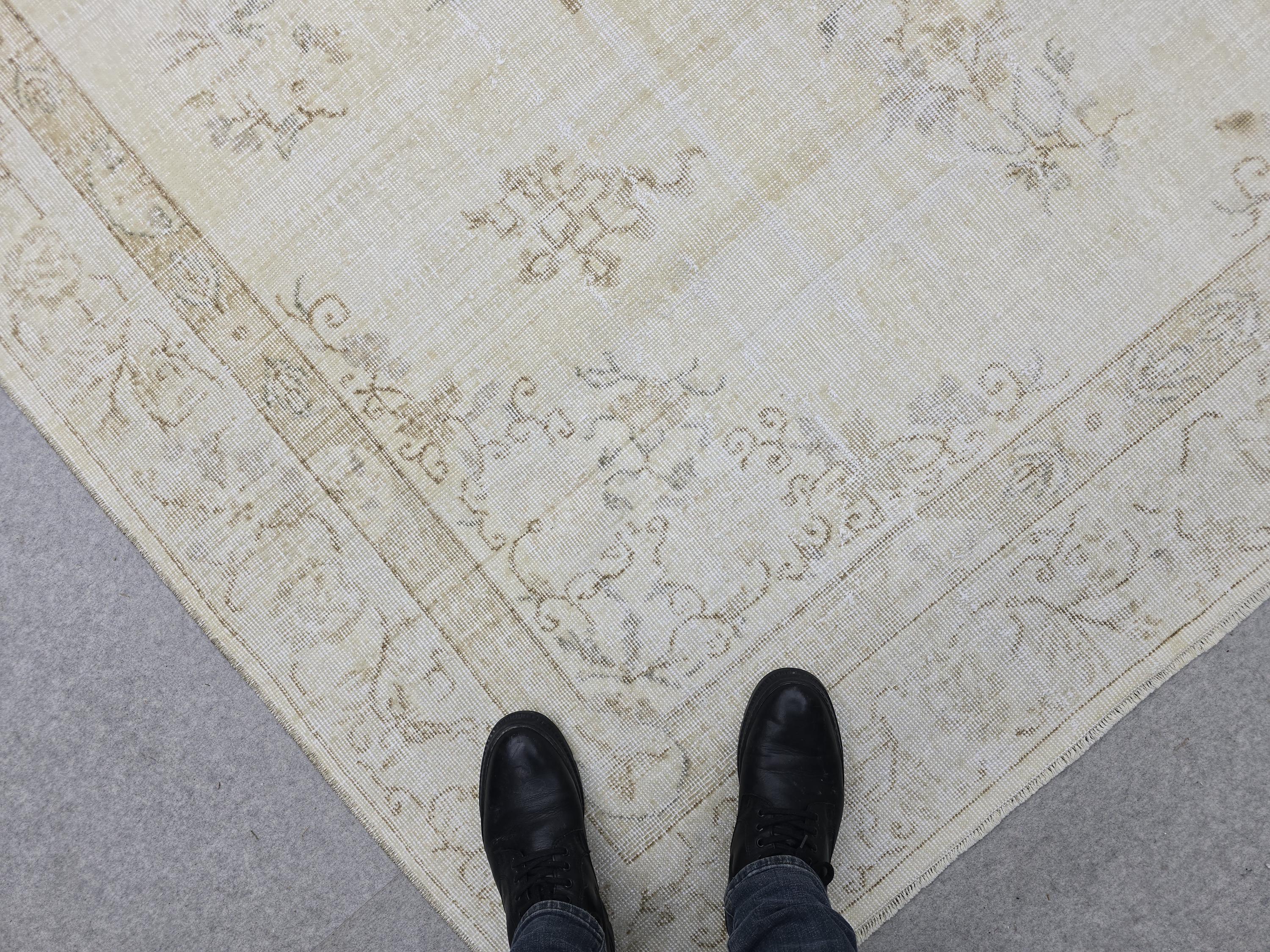 7x10 Vintage Turkish Rug, Muted Cream Isparta Carpet, Faded Beige Wool Area Rug for Living Room Decor, Neutral Farmhouse Rug