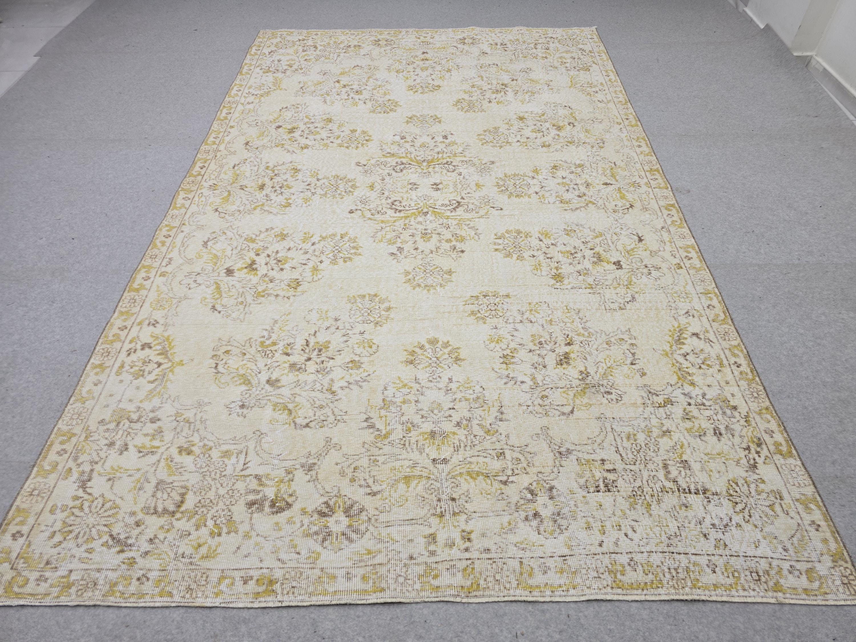 Oushak Rug 6x10, Gold Yellow Floral Turkish Vintage Carpet, Handknotted Wool Area Rug for Living Room Retro Boho Home Decor