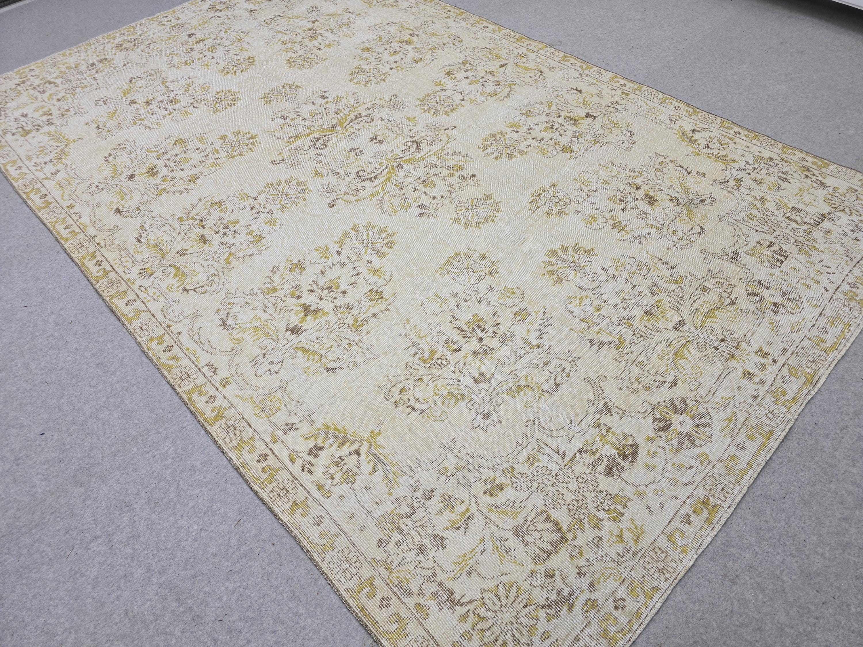 Oushak Rug 6x10, Gold Yellow Floral Turkish Vintage Carpet, Handknotted Wool Area Rug for Living Room Retro Boho Home Decor