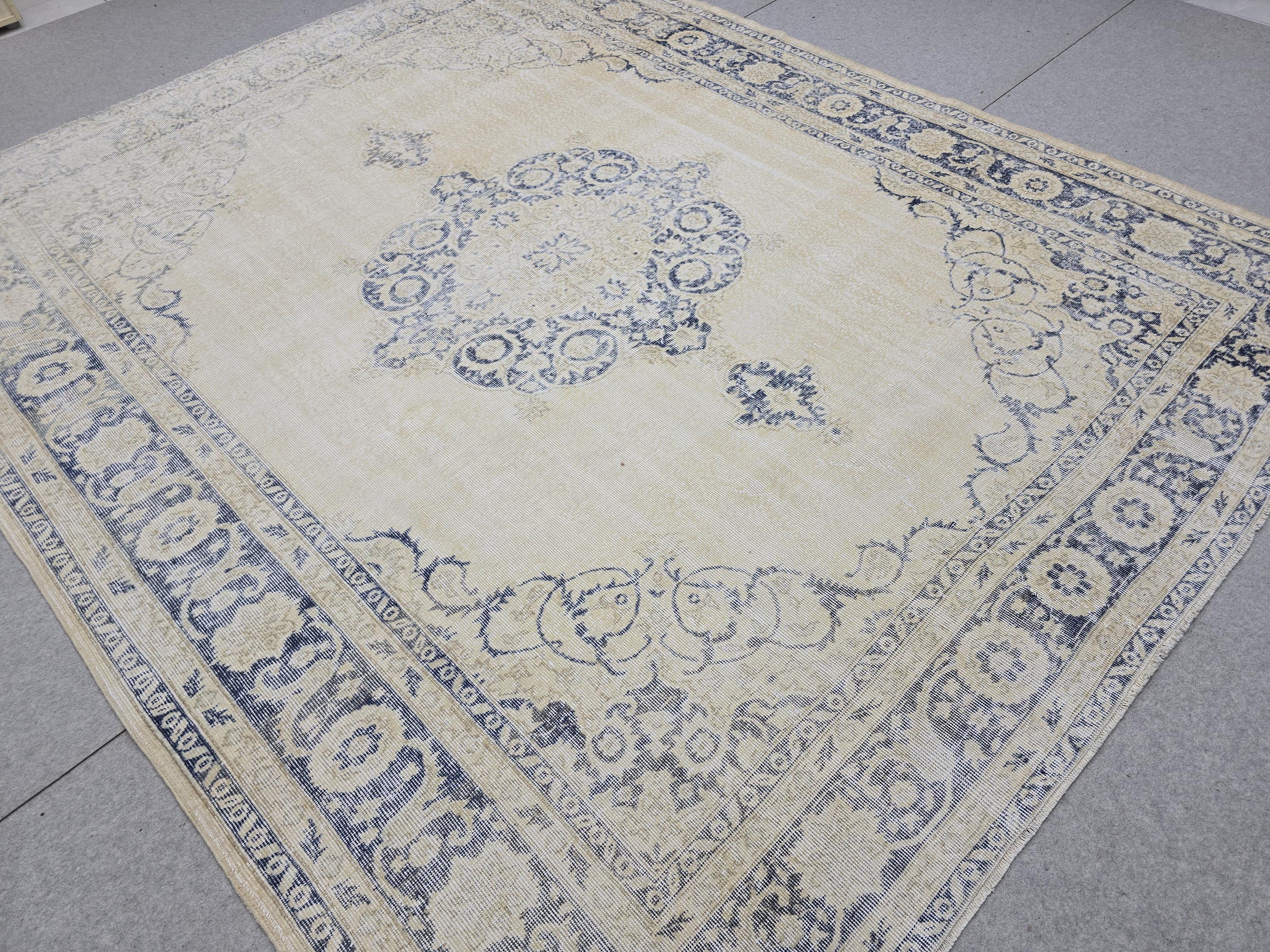 8x10 Faded Oushak Wool Area Rug Handmade Vintage Turkish Beige Blue Oriental Carpet