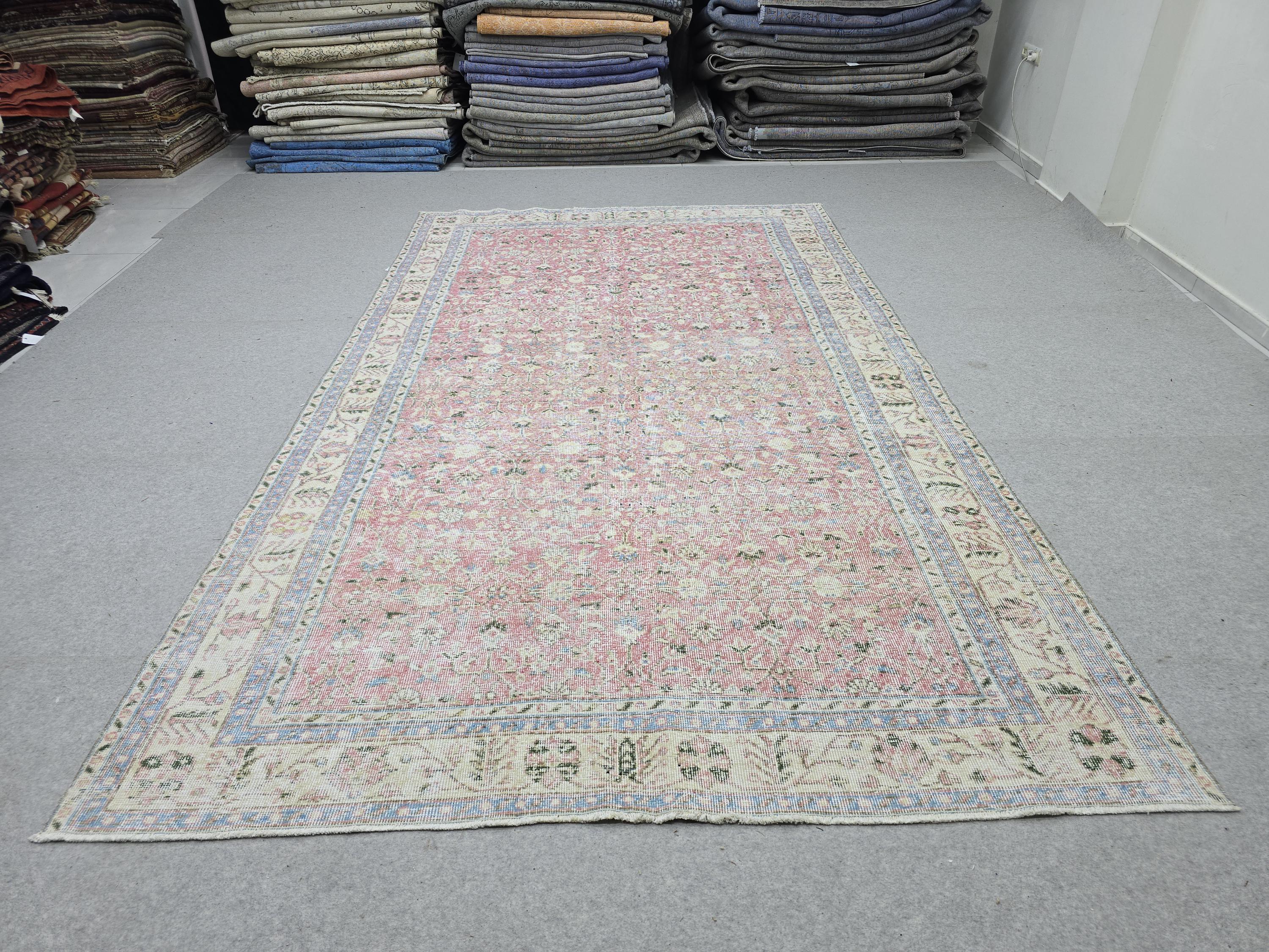Large Vintage Turkish Rug, 6x11 Floral Oushak Area Rug, Antique Pastel Muted Carpet, Bohemian Home Decor Rug, Hand-Knotted pink Wool Rug