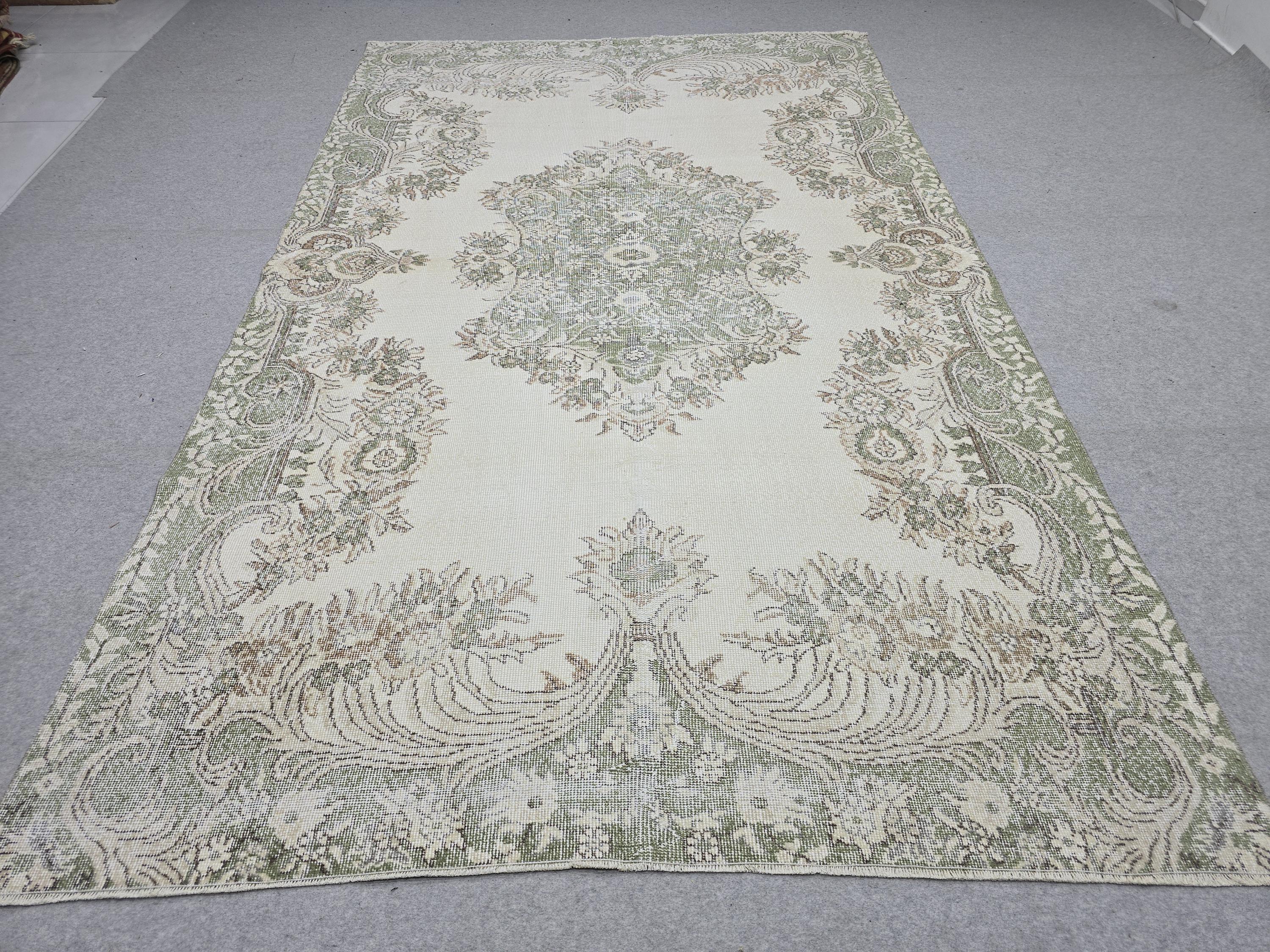 Muted Vintage Rug 6x10, Cream Green Floral Area Rug, Distressed Turkish Rug, Hand Knotted Wool Medallion Carpet, Scandinavian Bedroom Decor