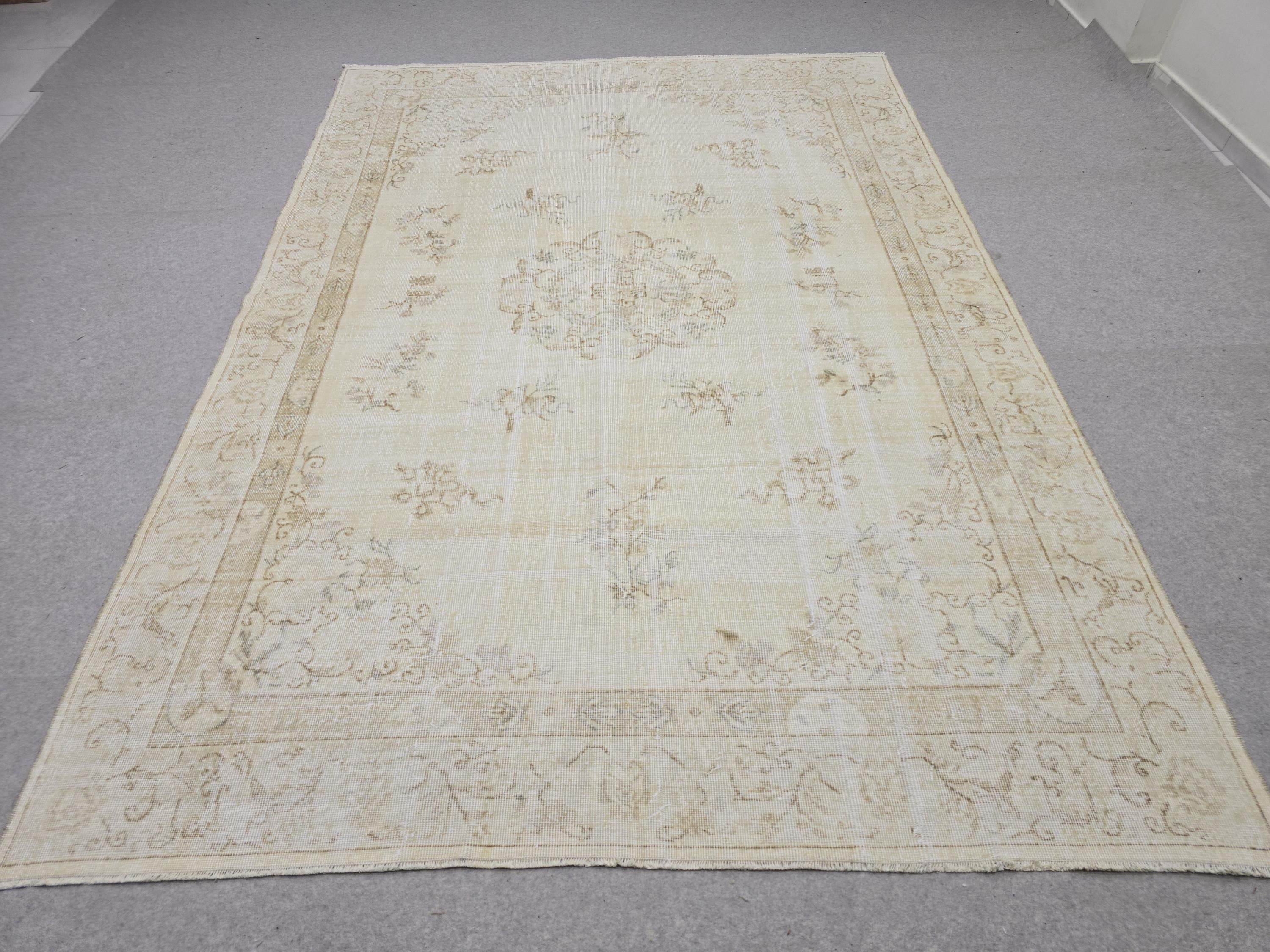 7x10 Vintage Turkish Rug, Muted Cream Isparta Carpet, Faded Beige Wool Area Rug for Living Room Decor, Neutral Farmhouse Rug