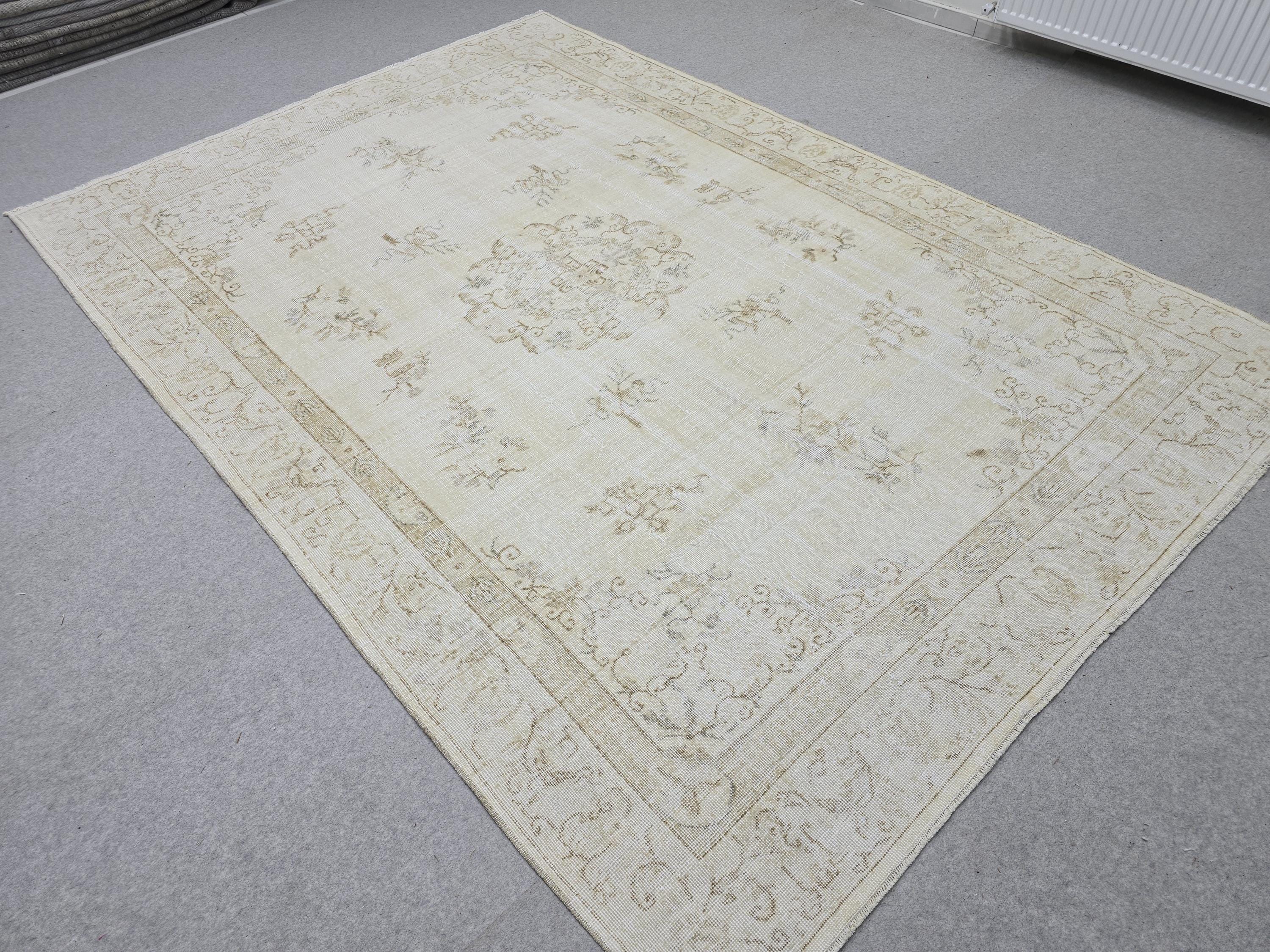 7x10 Vintage Turkish Rug, Muted Cream Isparta Carpet, Faded Beige Wool Area Rug for Living Room Decor, Neutral Farmhouse Rug