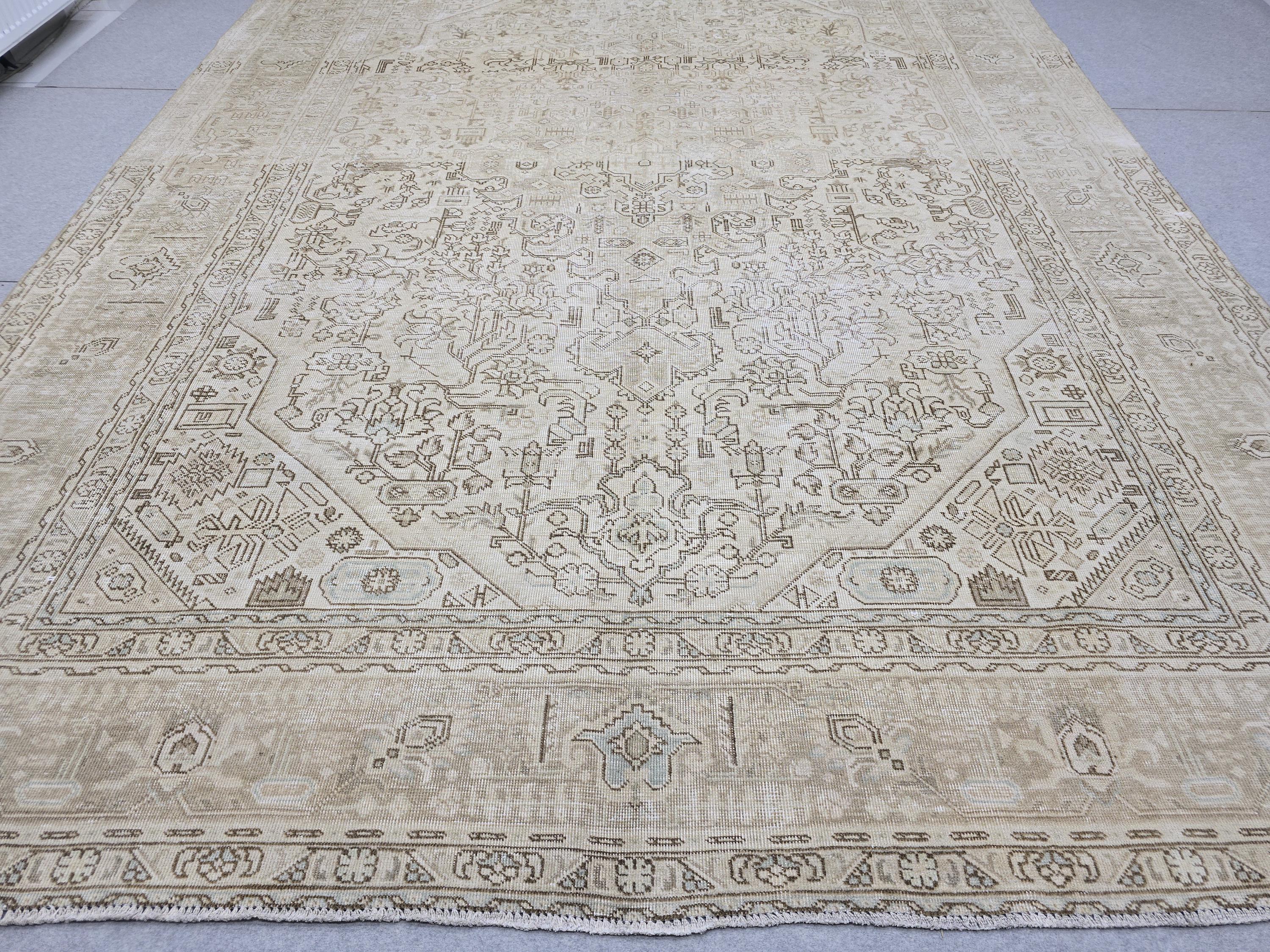 Oushak Rug 9x12, Antique Beige Medallion Wool Carpet, Muted Tan Hand Knotted Vintage Area Rug for Office or Living Room
