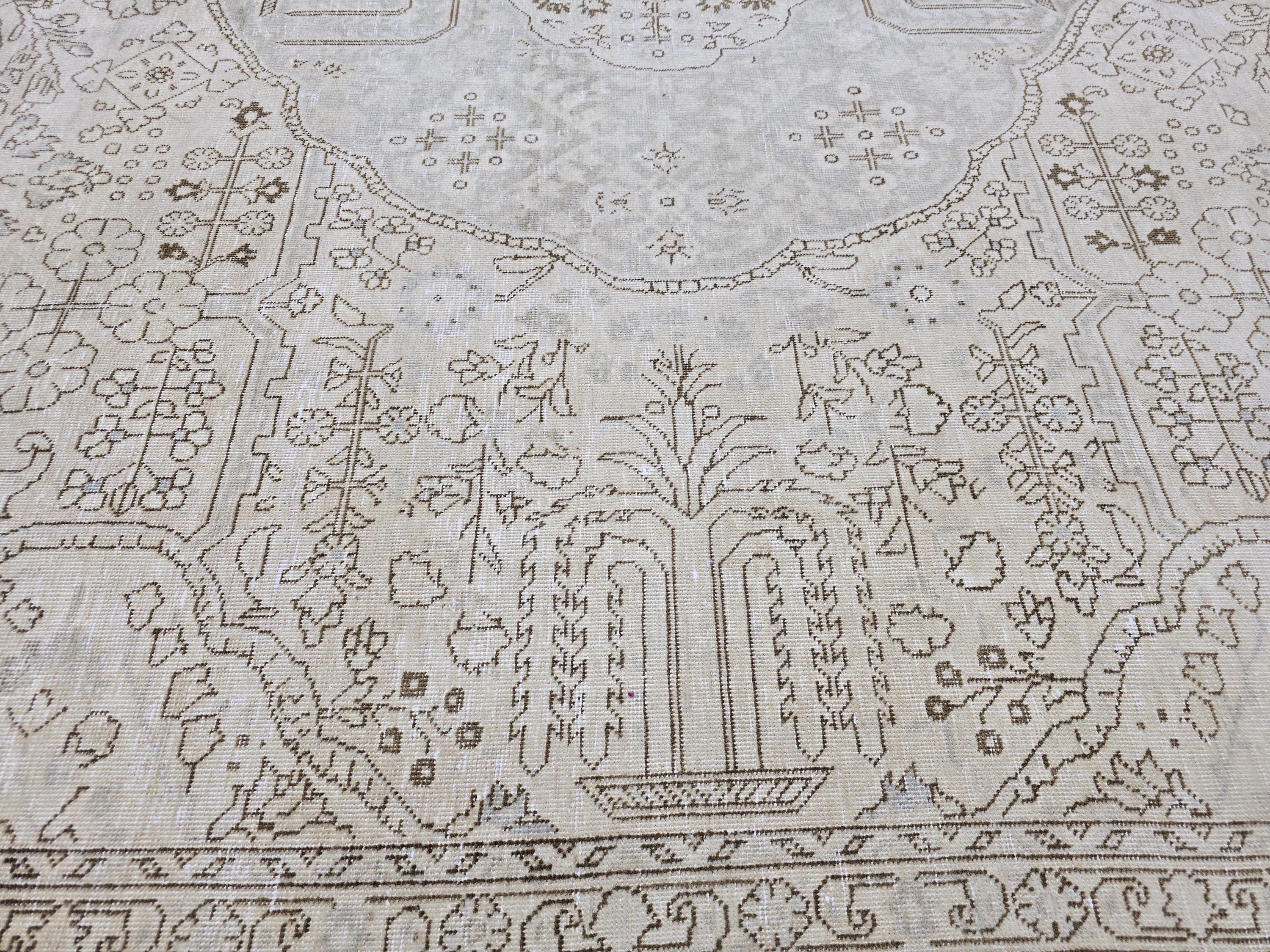 Oushak Rug 9x12, Muted Beige Cream Vintage Turkish Area Rug, Medallion Floral Wool Rug for Living Room
