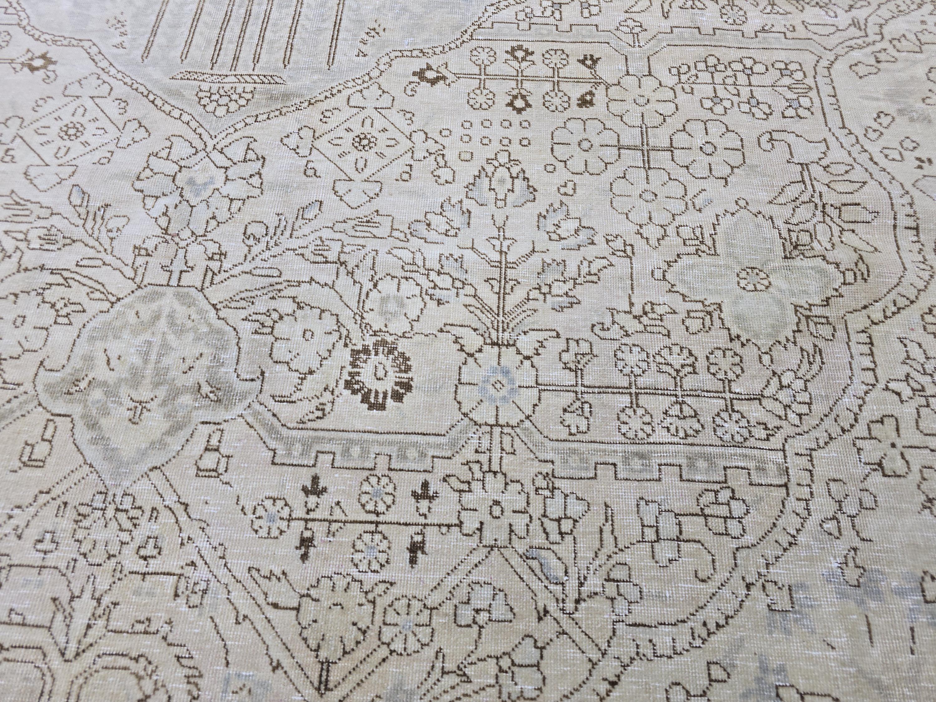 Oushak Rug 9x12, Muted Beige Cream Vintage Turkish Area Rug, Medallion Floral Wool Rug for Living Room