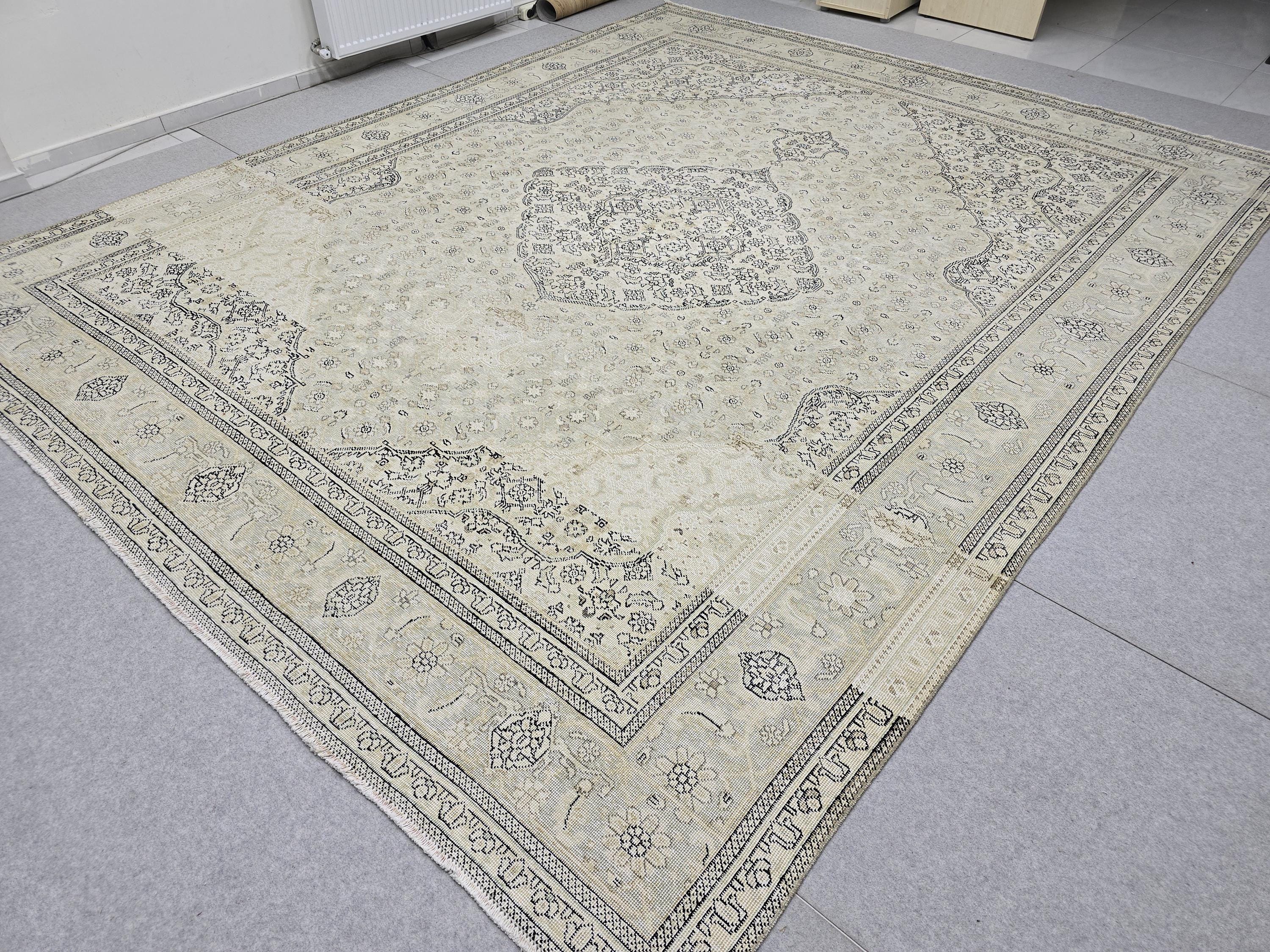 10x12 Vintage Rug | Cream Ivory Tabriz Style Hand Knotted Wool Rug | Neutral Beige Turkish Carpet 9x12