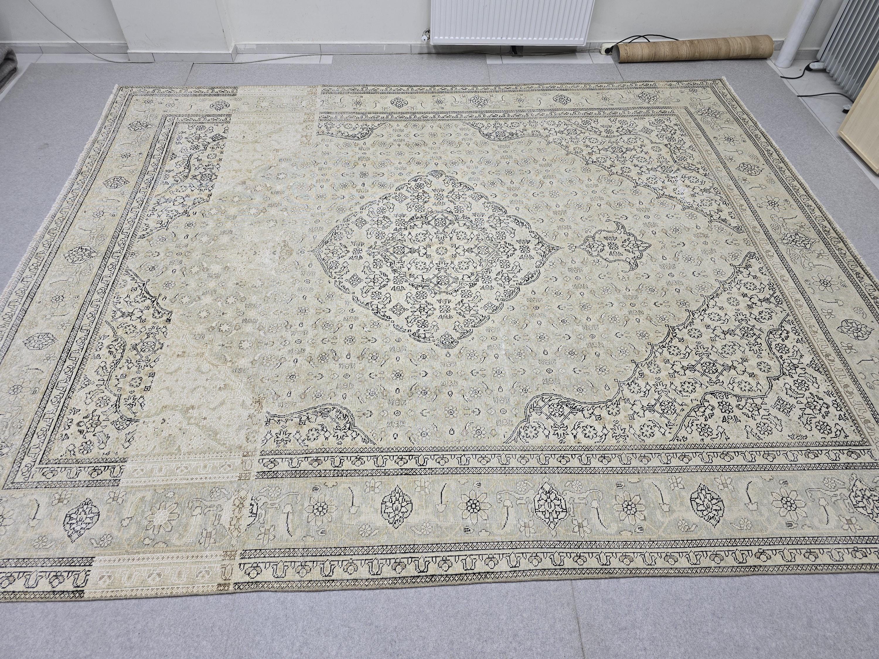 10x12 Vintage Rug | Cream Ivory Tabriz Style Hand Knotted Wool Rug | Neutral Beige Turkish Carpet 9x12