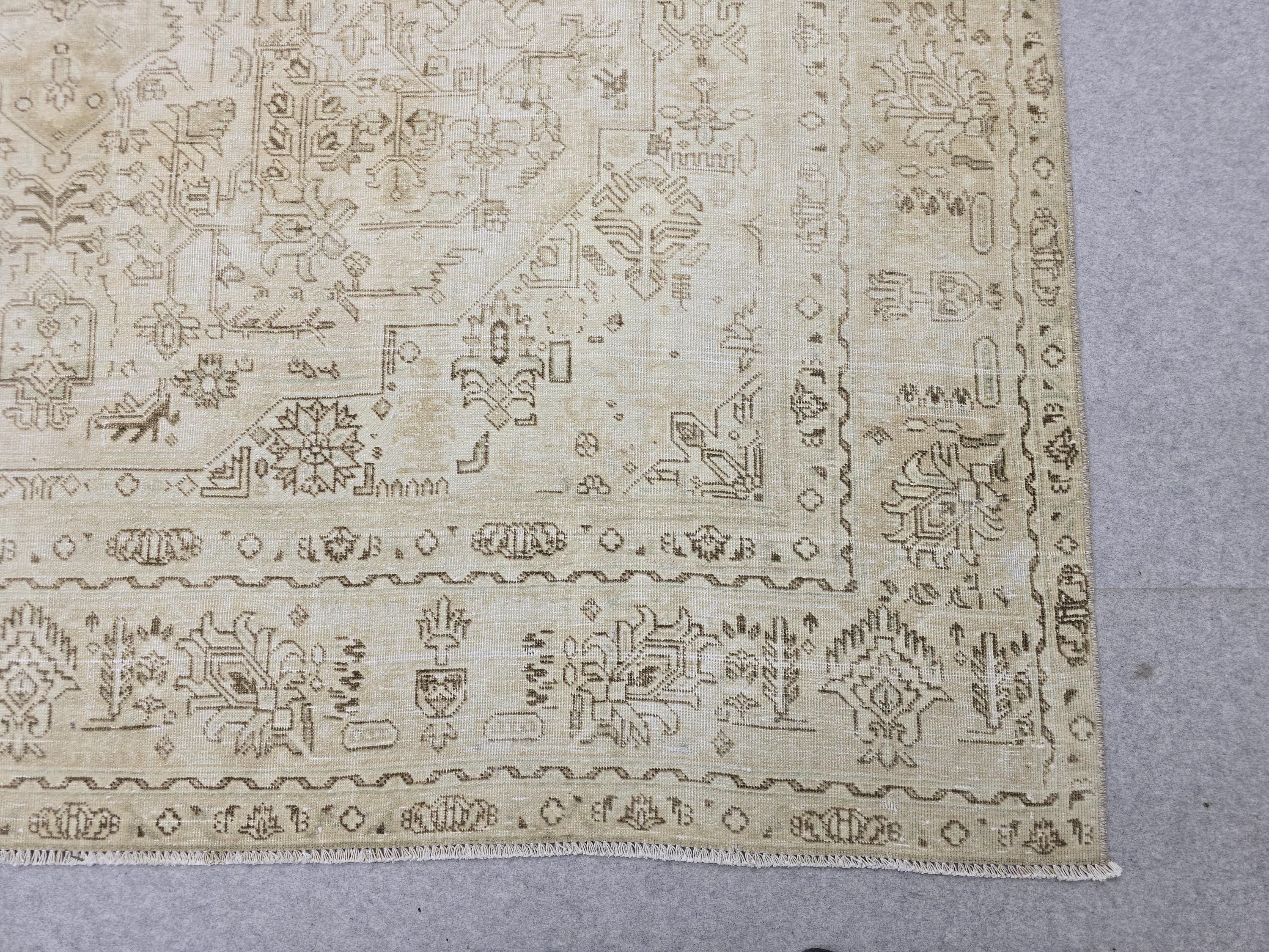 Vintage Rug 8x11, Neutral Cream Ivory Hand Knotted Wool Rug, Muted Oushak Style 8x10, Distressed Beige Area Rug Living Room