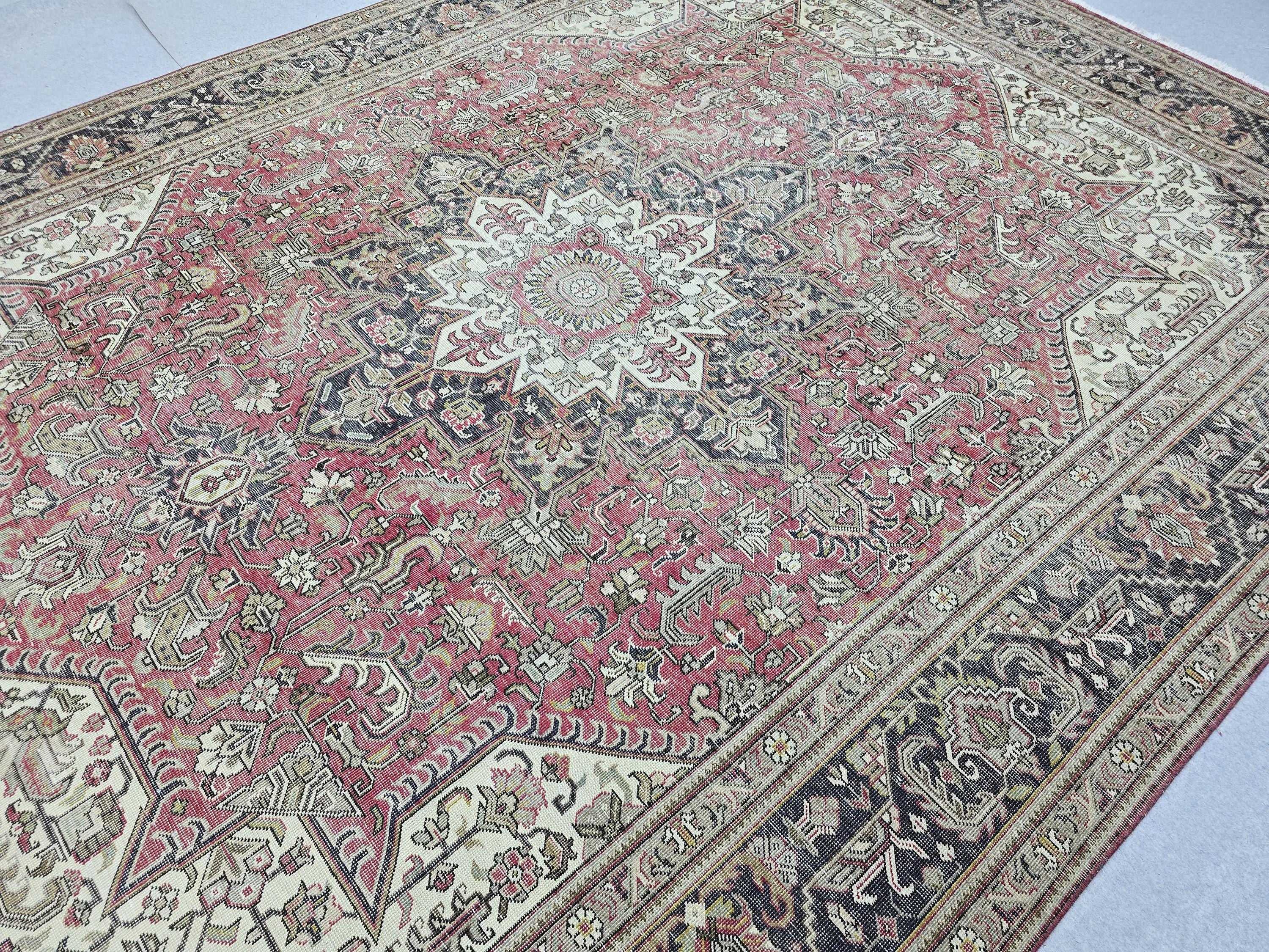 Vintage Rug 9x13, Hand Knotted Red Medallion Large Wool Carpet, Distressed Turkish Area Rug for Living Room