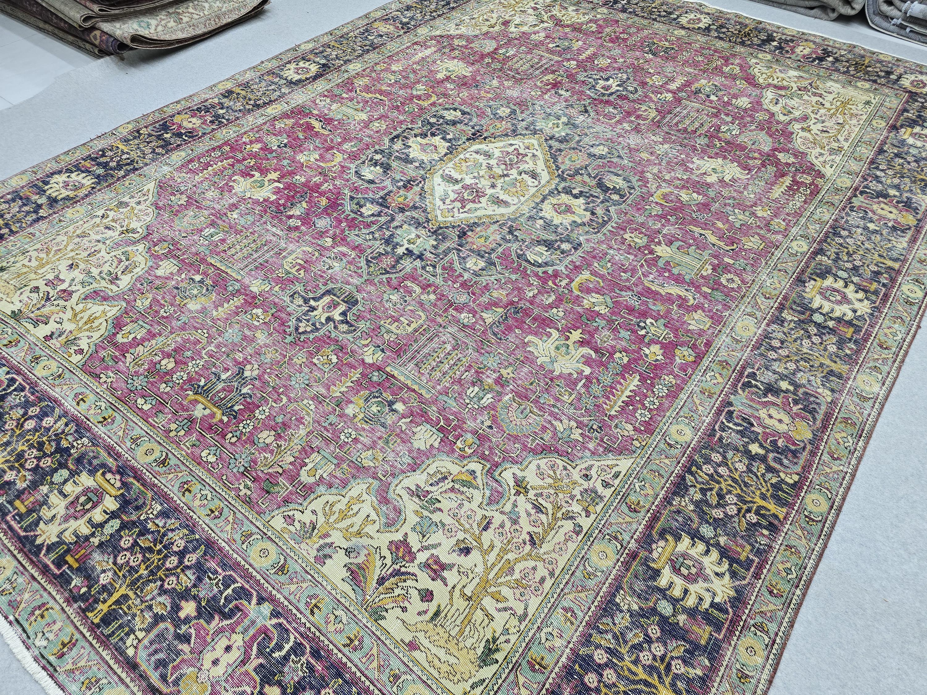 Oushak Rug 9x13, Bold Magenta Pink Hand Knotted Wool Carpet, Distressed Floral Turkish Large Area Pastel Color Rug