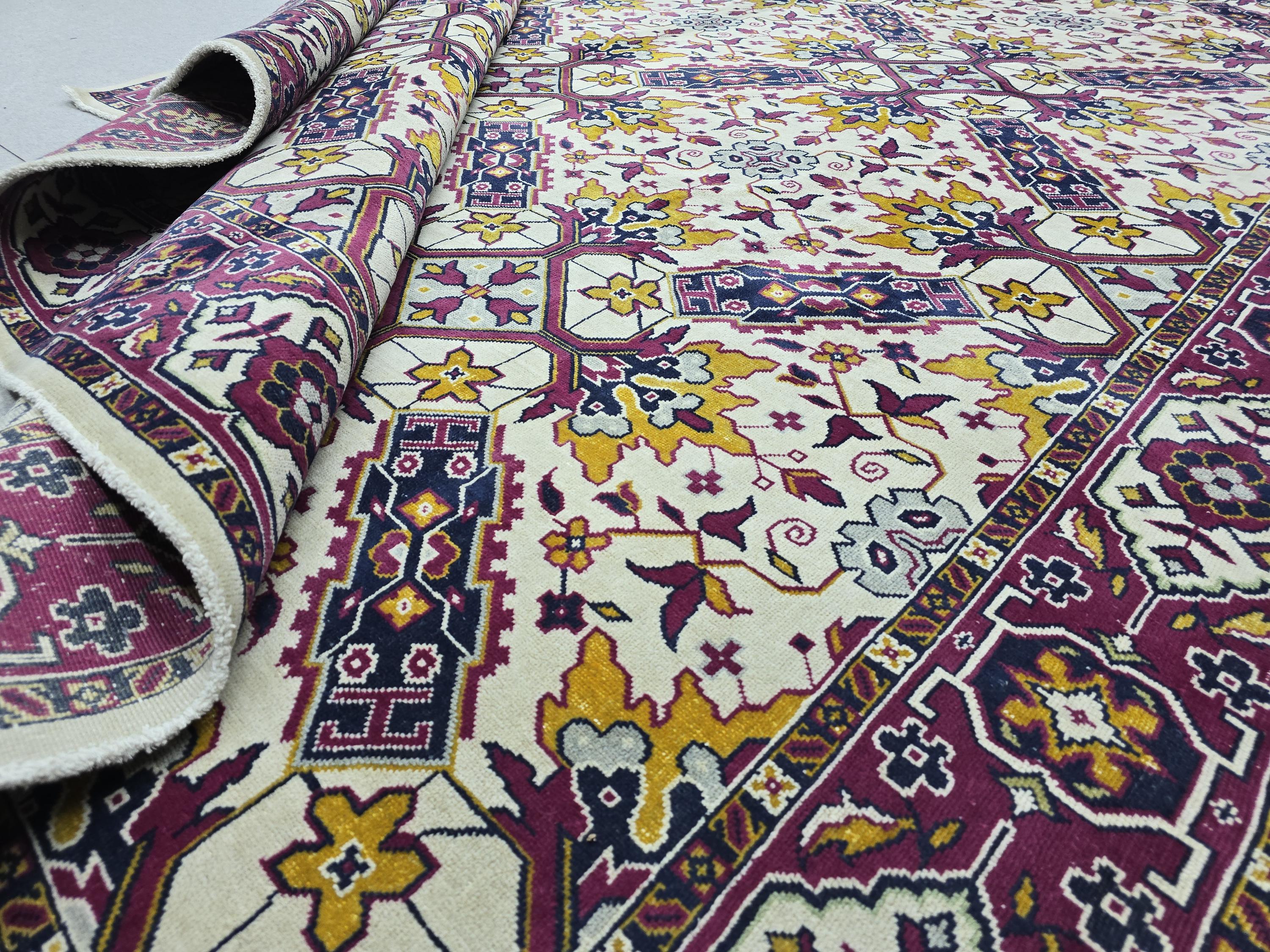 Turkish Rug 9x11 Vintage Hand Knotted Ivory Cream Floral Area Rug | Gold Magenta Navy | Living Room Boho Retro Decor