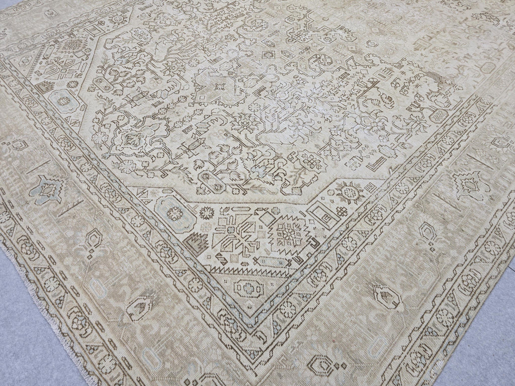 Oushak Rug 9x12, Antique Beige Medallion Wool Carpet, Muted Tan Hand Knotted Vintage Area Rug for Office or Living Room