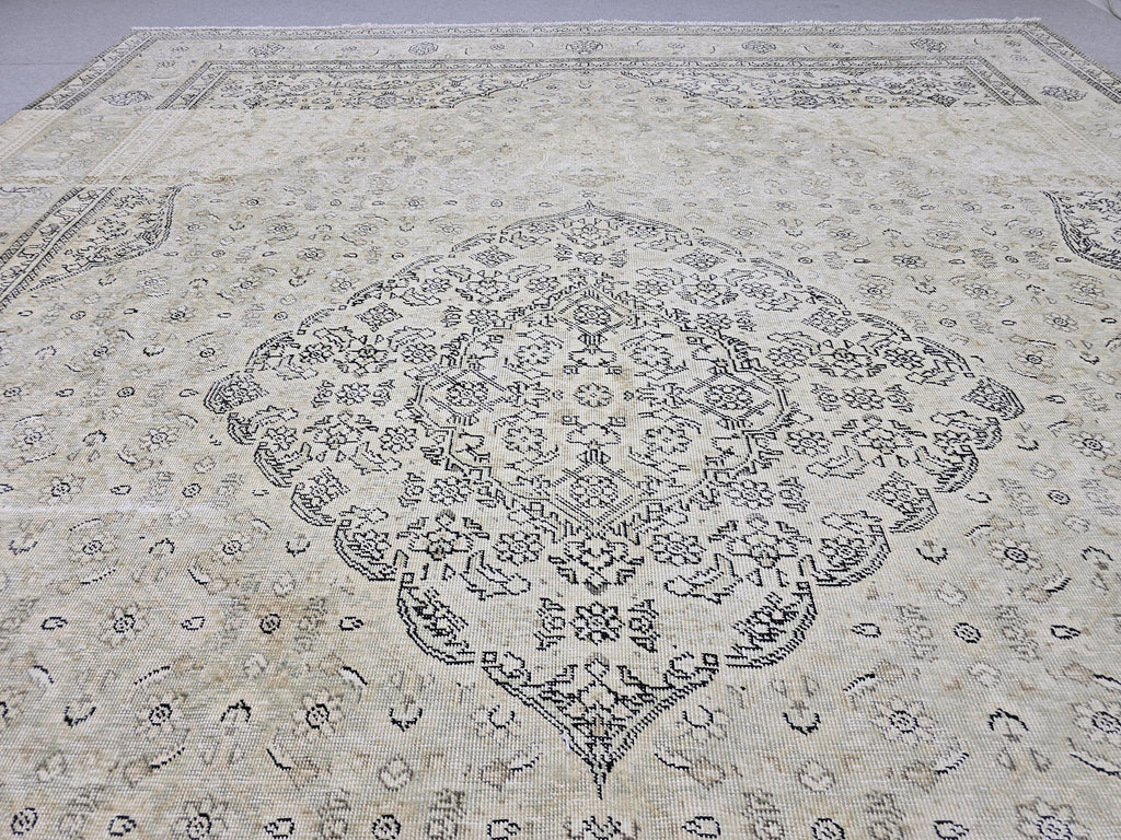 10x12 Vintage Rug | Cream Ivory Tabriz Style Hand Knotted Wool Rug | Neutral Beige Turkish Carpet 9x12