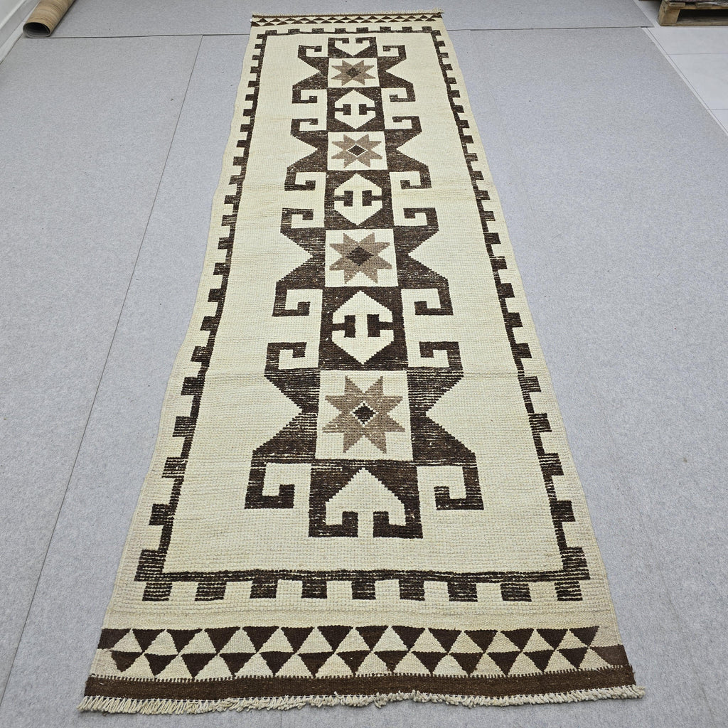 Vintage Rug Runner 4x12, Cream Brown Tribal Wool Hallway Carpet, Herki Turkish Runner, Hand Knotted Geometric Star Motif