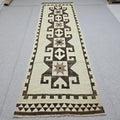 Vintage Rug Runner 4x12, Cream Brown Tribal Wool Hallway Carpet, Herki Turkish Runner, Hand Knotted Geometric Star Motif