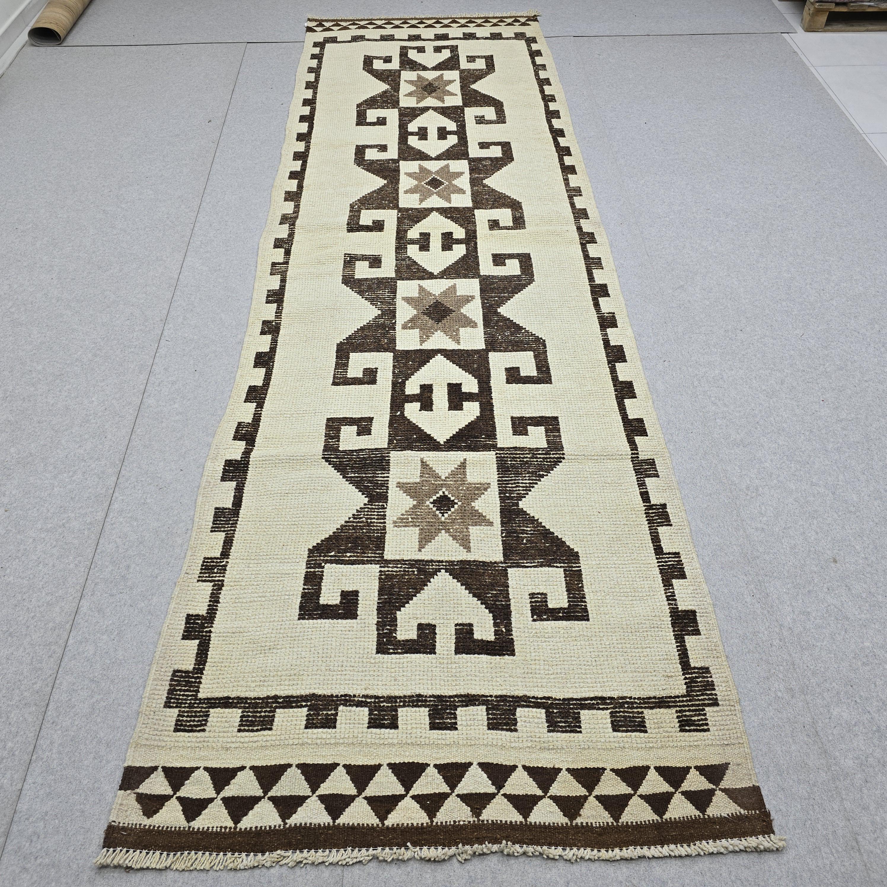 Vintage Rug Runner 4x12, Cream Brown Tribal Wool Hallway Carpet, Herki Turkish Runner, Hand Knotted Geometric Star Motif