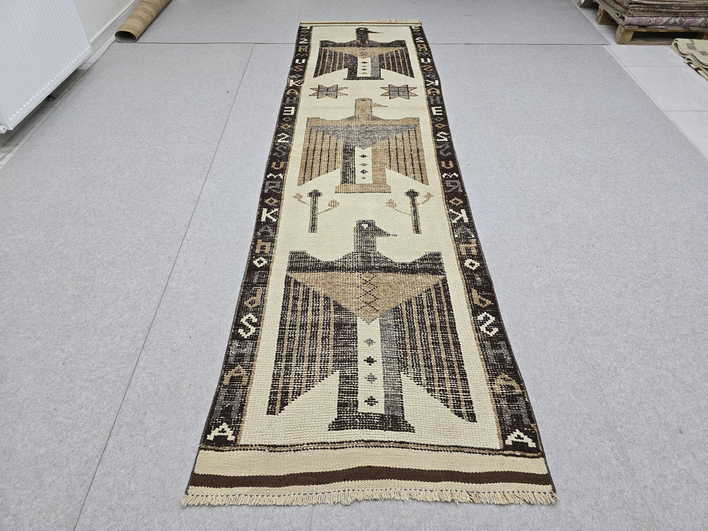 Anatolian Rug Runner 3x11, Ivory Camel Figural Bird Motif Wool Carpet, Vintage Hand Knotted Tribal Hallway Runner, Wool Herki Runner