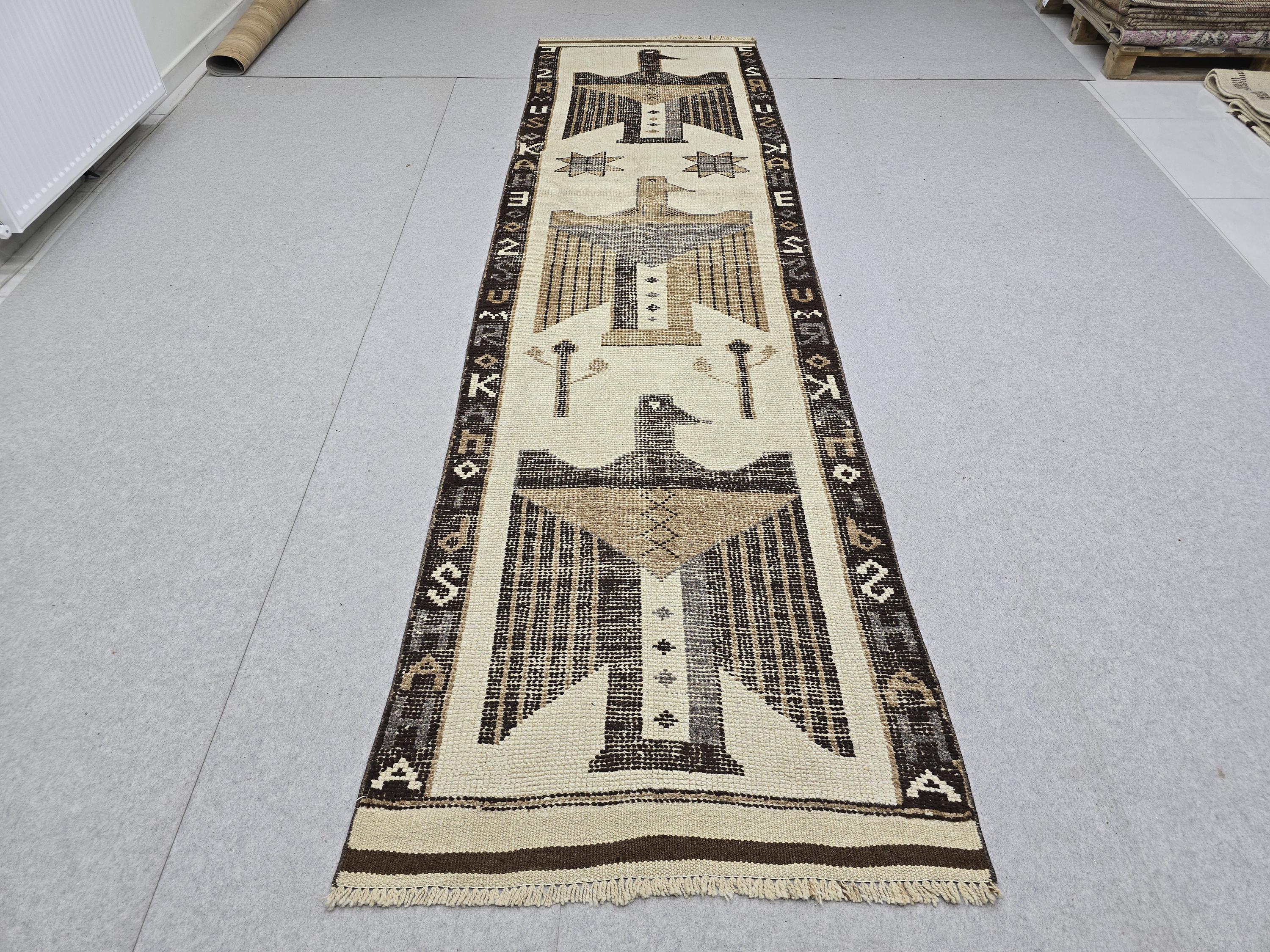 Anatolian Rug Runner 3x11, Ivory Camel Figural Bird Motif Wool Carpet, Vintage Hand Knotted Tribal Hallway Runner, Wool Herki Runner