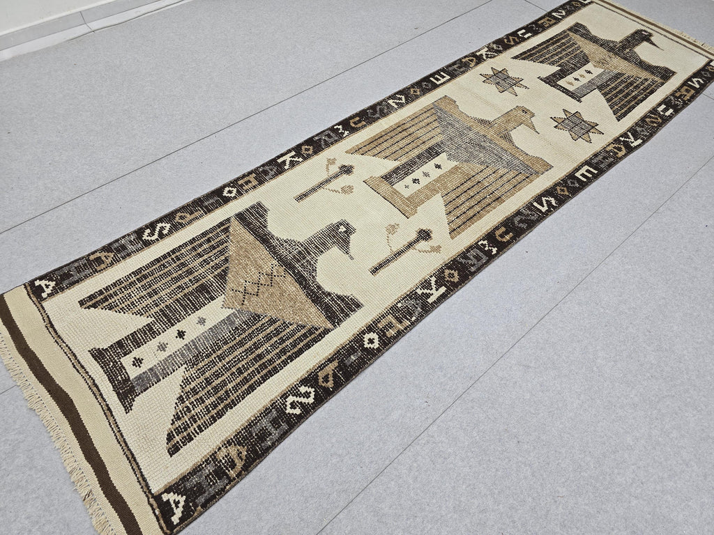 Anatolian Rug Runner 3x11, Ivory Camel Figural Bird Motif Wool Carpet, Vintage Hand Knotted Tribal Hallway Runner, Wool Herki Runner