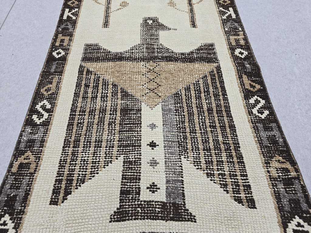 Anatolian Rug Runner 3x11, Ivory Camel Figural Bird Motif Wool Carpet, Vintage Hand Knotted Tribal Hallway Runner, Wool Herki Runner