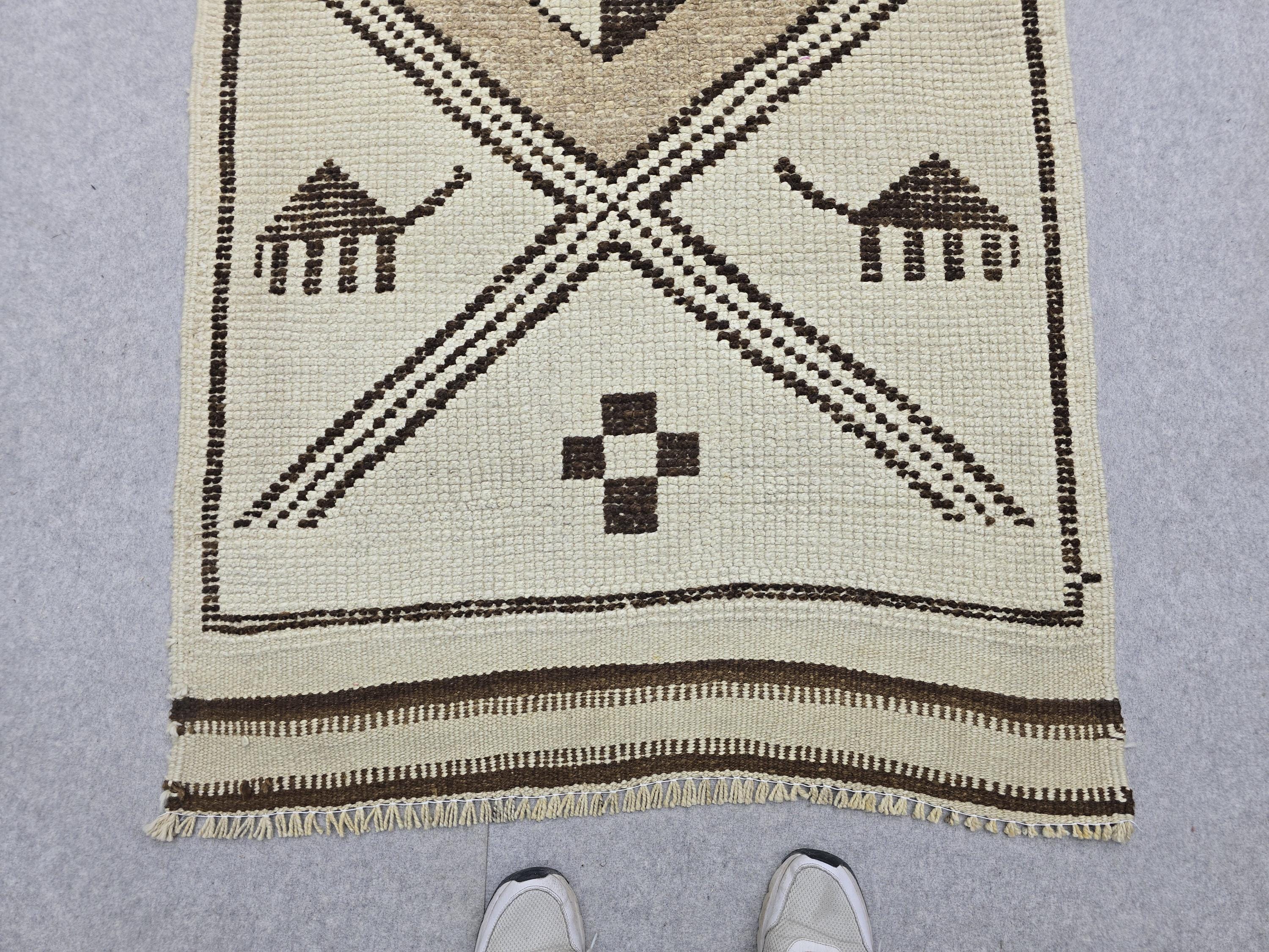 Vintage Runner Rug 3x13, Ivory Cream Diamond Tribal Hallway Carpet, Neutral Geometric Wool Long Runner, Boho Scandinavian Decor