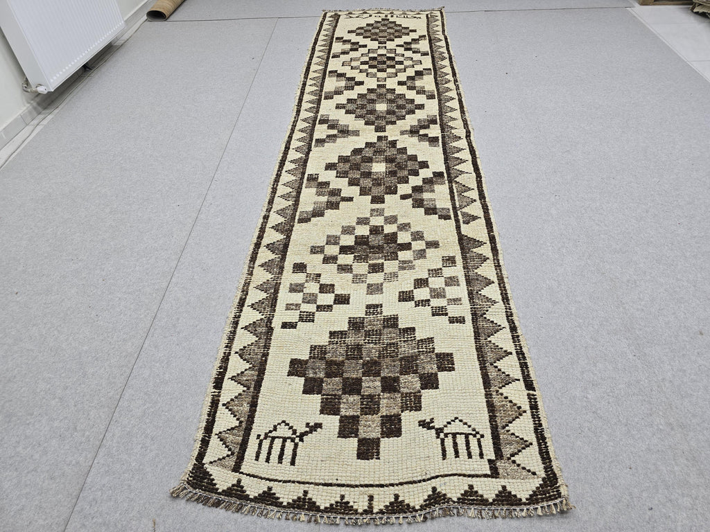 Vintage Rug Runner 3x11 | Neutral Cream Brown Tribal Hallway Carpet | Hand Knotted Wool Turkish Runner