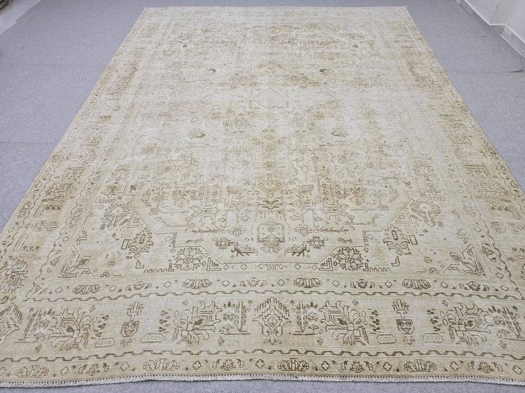 Vintage Rug 8x11, Neutral Cream Ivory Hand Knotted Wool Rug, Muted Oushak Style 8x10, Distressed Beige Area Rug Living Room