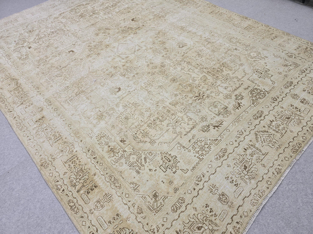 Vintage Rug 8x11, Neutral Cream Ivory Hand Knotted Wool Rug, Muted Oushak Style 8x10, Distressed Beige Area Rug Living Room