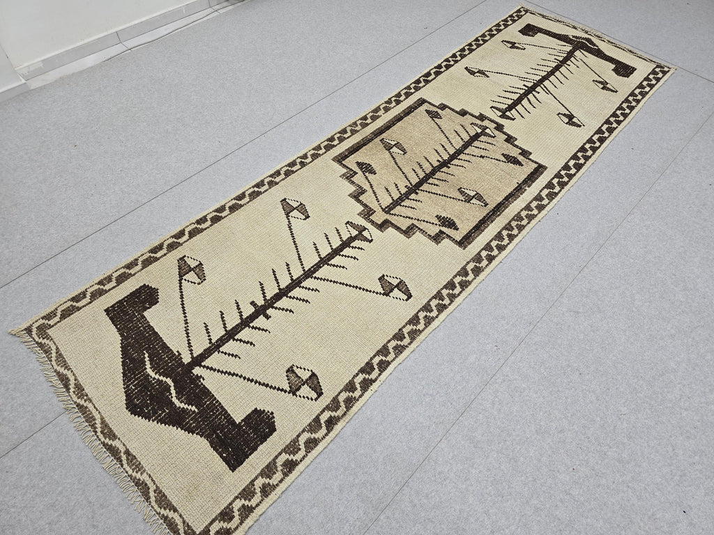 Vintage Runner Rug 3x11, Narrow Herki Hallway Runner, Tribal Beige Brown Wool Rug, Farmhouse Staircase Carpet