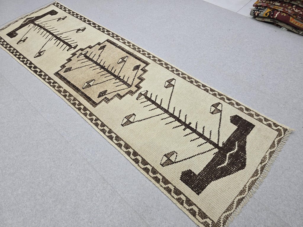 Vintage Runner Rug 3x11, Narrow Herki Hallway Runner, Tribal Beige Brown Wool Rug, Farmhouse Staircase Carpet