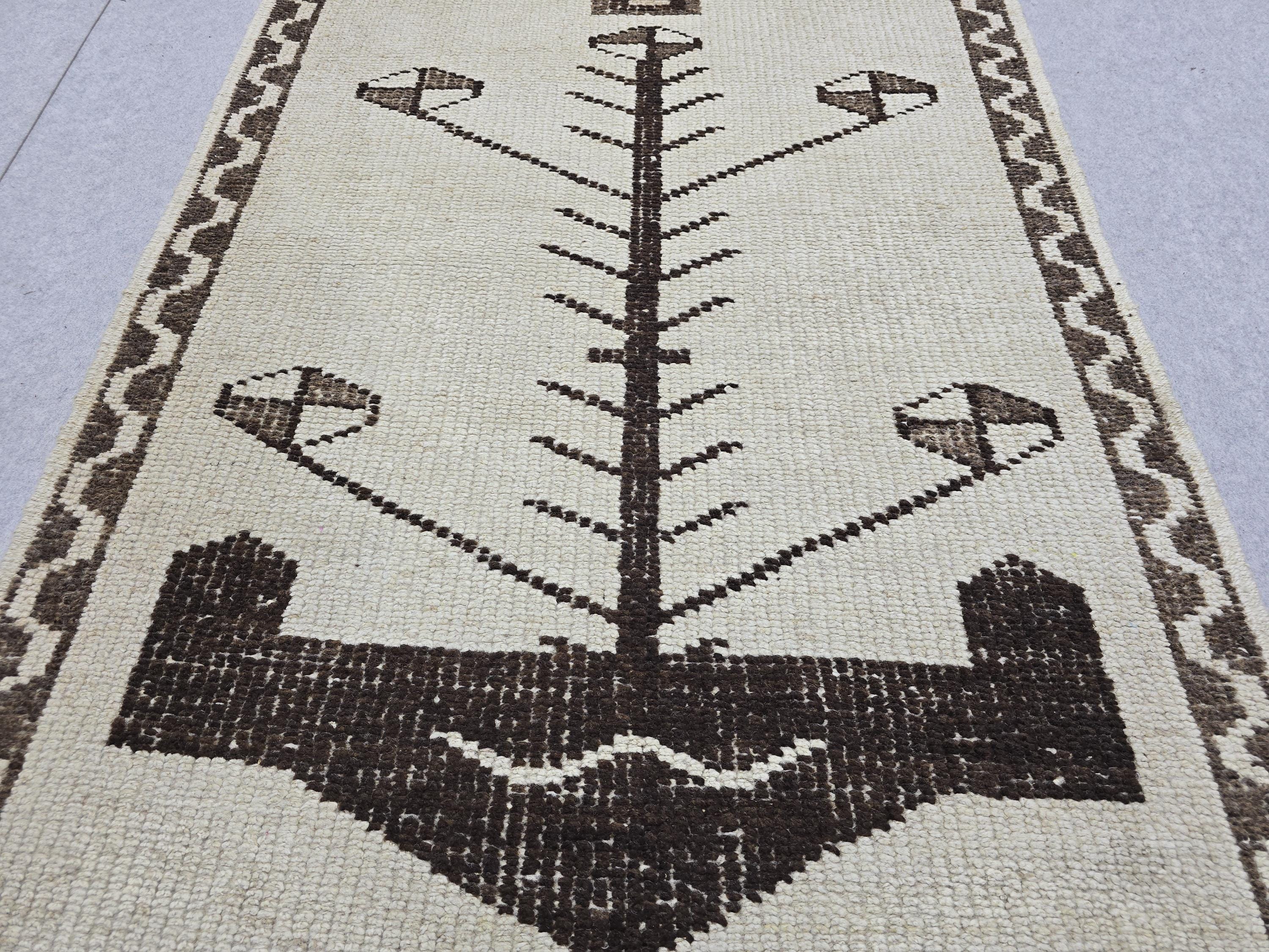 Vintage Runner Rug 3x11, Narrow Herki Hallway Runner, Tribal Beige Brown Wool Rug, Farmhouse Staircase Carpet