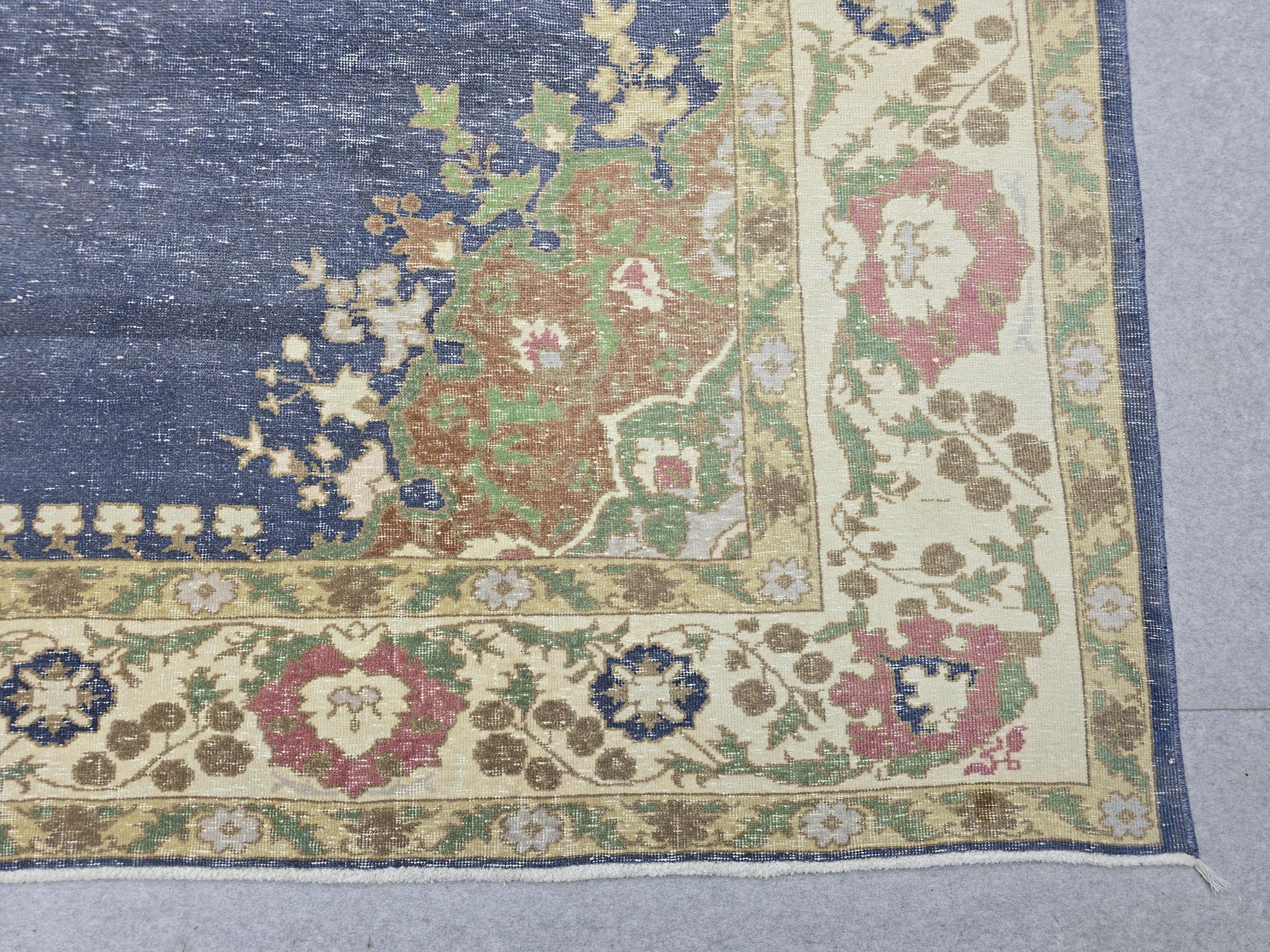 Oversized Vintage Turkish Rug 10x12, Blue Medallion Handmade Wool Carpet, Distressed Area Rug, Large Living Room Rug 312x366cm