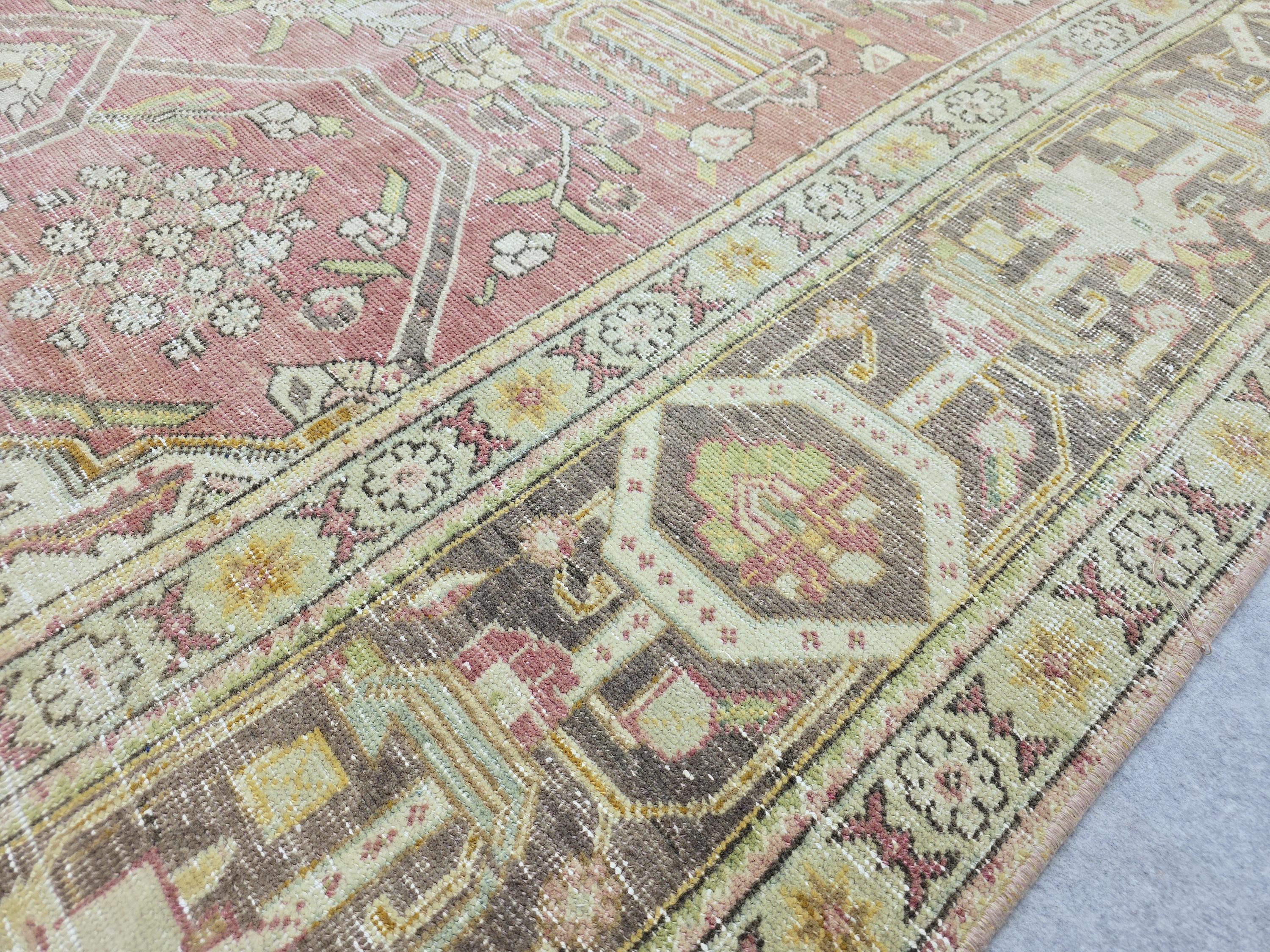 Vintage Turkish Rug 10x13, Rose Pink Geometric Medallion Handmade Wool Carpet, Distressed Area Rug, Large Living Room Rug 293x390cm