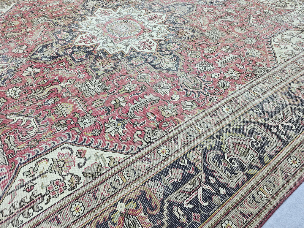 Vintage Rug 9x13, Hand Knotted Red Medallion Large Wool Carpet, Distressed Turkish Area Rug for Living Room