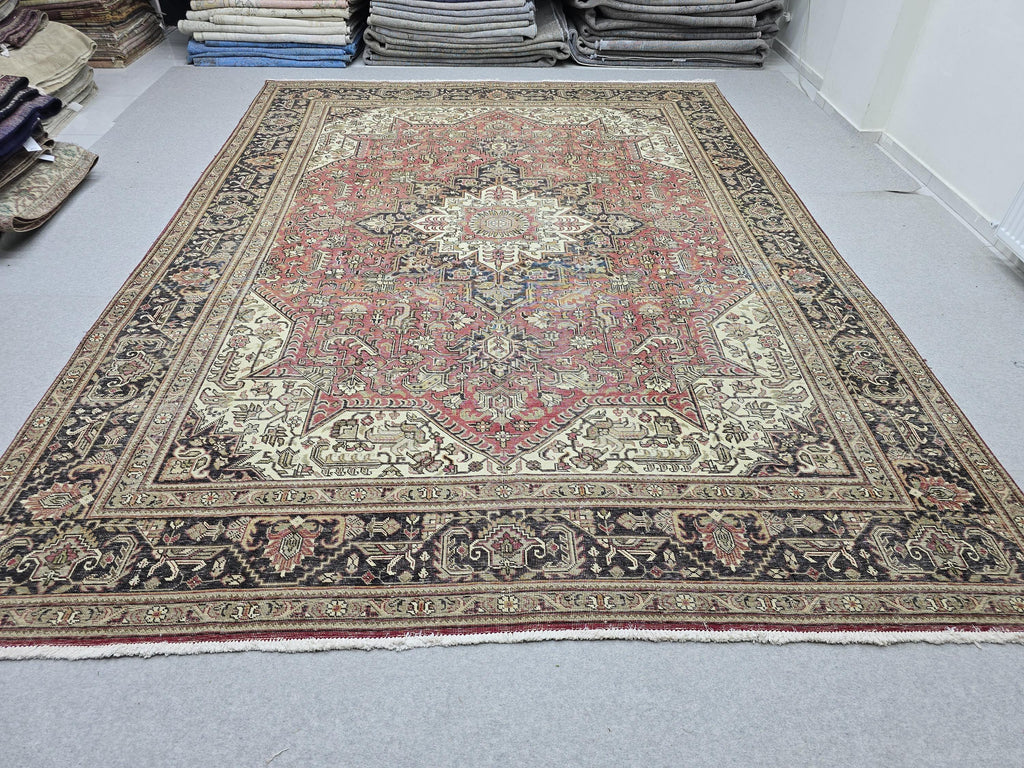 Vintage Rug 9x13, Hand Knotted Red Medallion Large Wool Carpet, Distressed Turkish Area Rug for Living Room