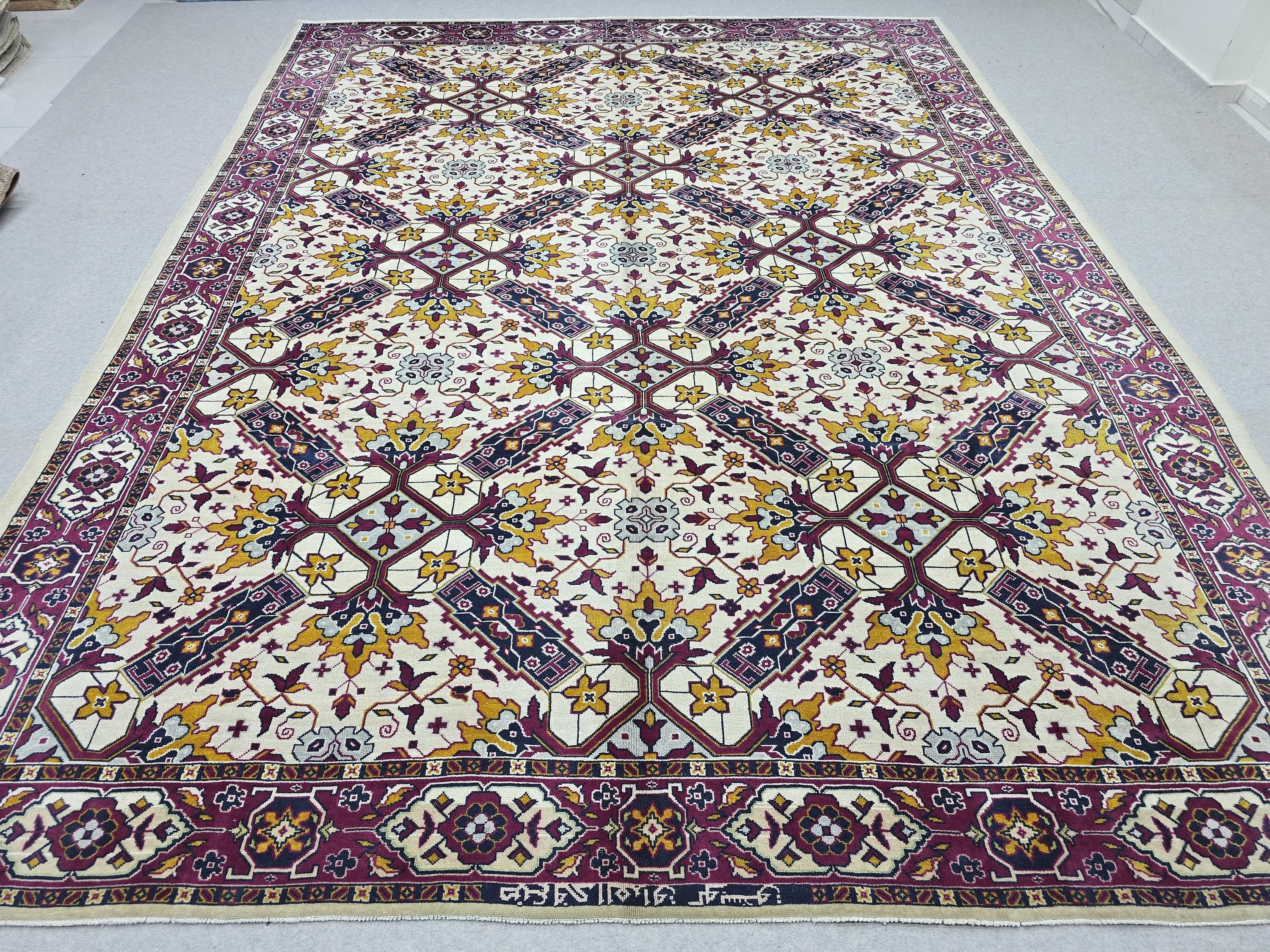 Turkish Rug 9x11 Vintage Hand Knotted Ivory Cream Floral Area Rug | Gold Magenta Navy | Living Room Boho Retro Decor