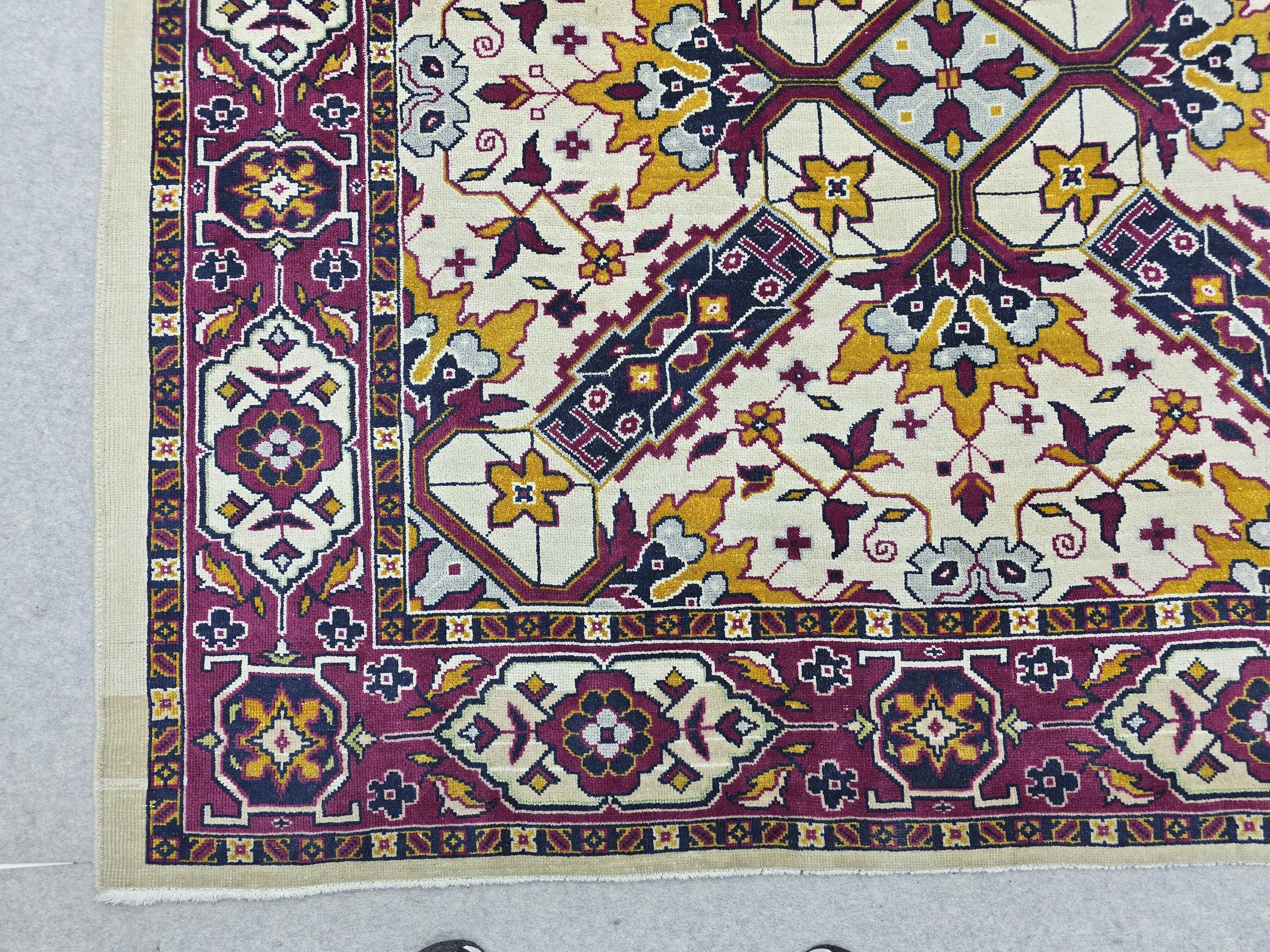 Turkish Rug 9x11 Vintage Hand Knotted Ivory Cream Floral Area Rug | Gold Magenta Navy | Living Room Boho Retro Decor