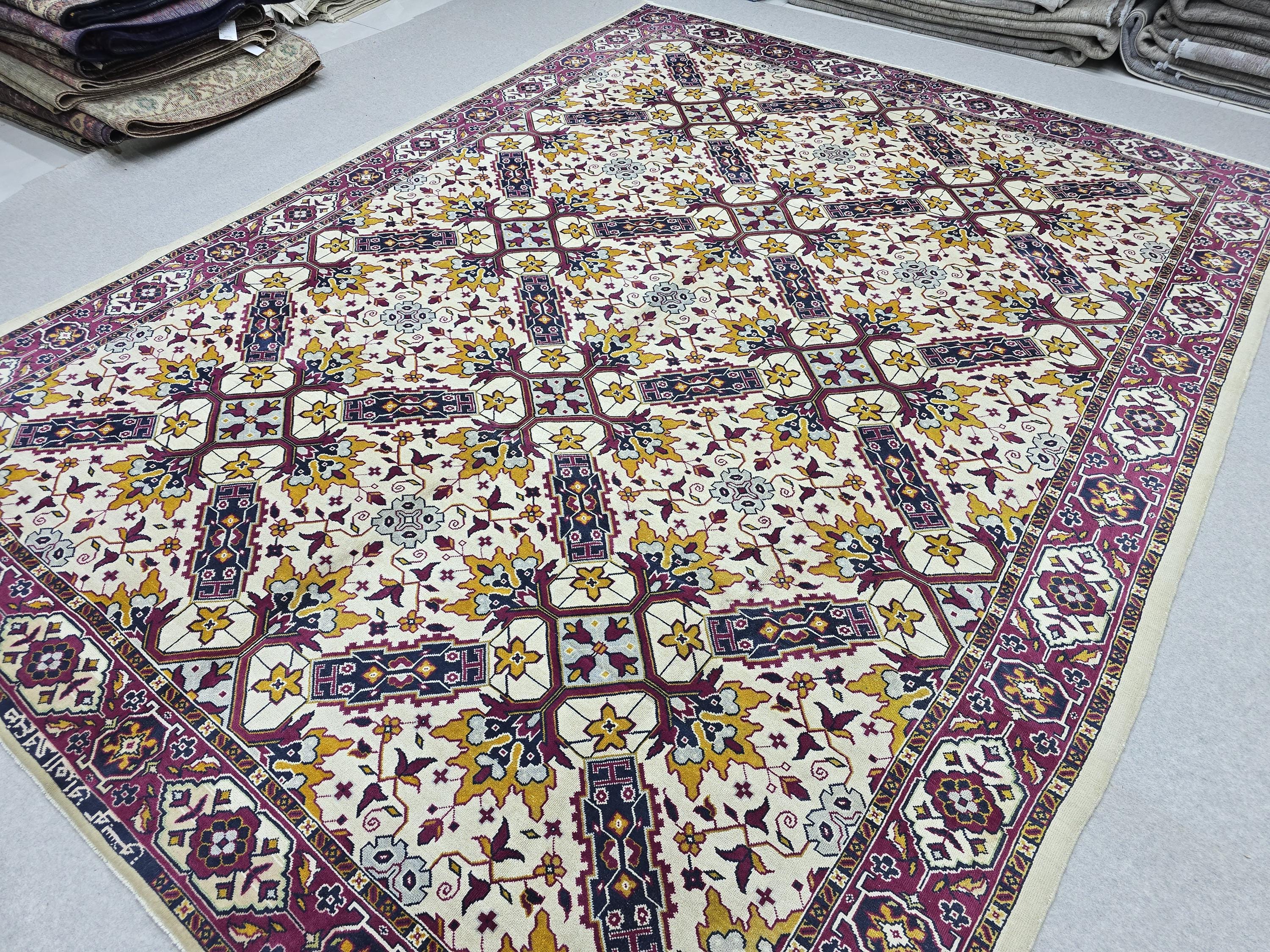 Turkish Rug 9x11 Vintage Hand Knotted Ivory Cream Floral Area Rug | Gold Magenta Navy | Living Room Boho Retro Decor