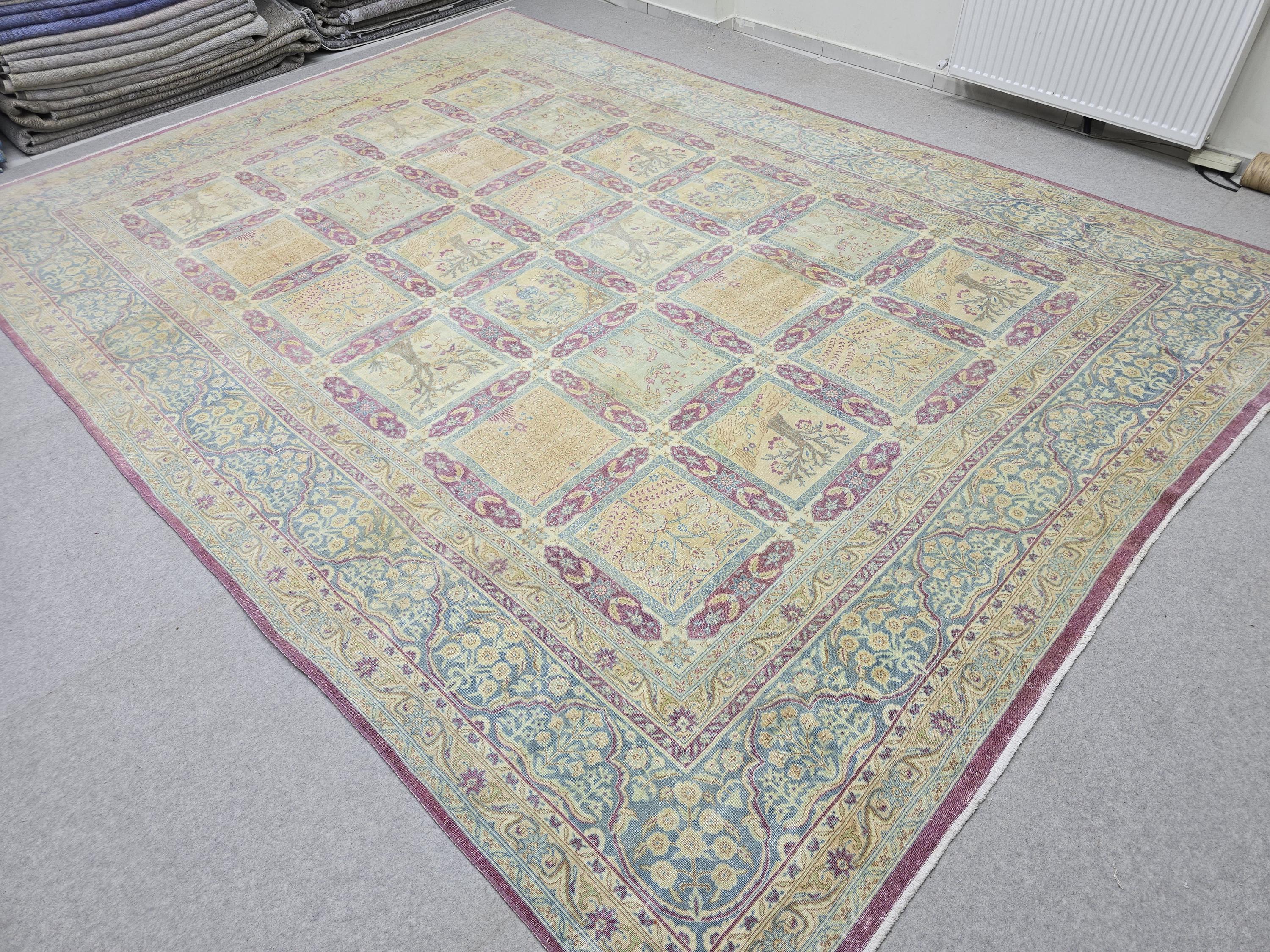 Vintage Rug 10x13 Antique 1910s Hand Knotted Wool Rug | Soft Blue Wheat Mauve | Living Room Dining Boho Decor