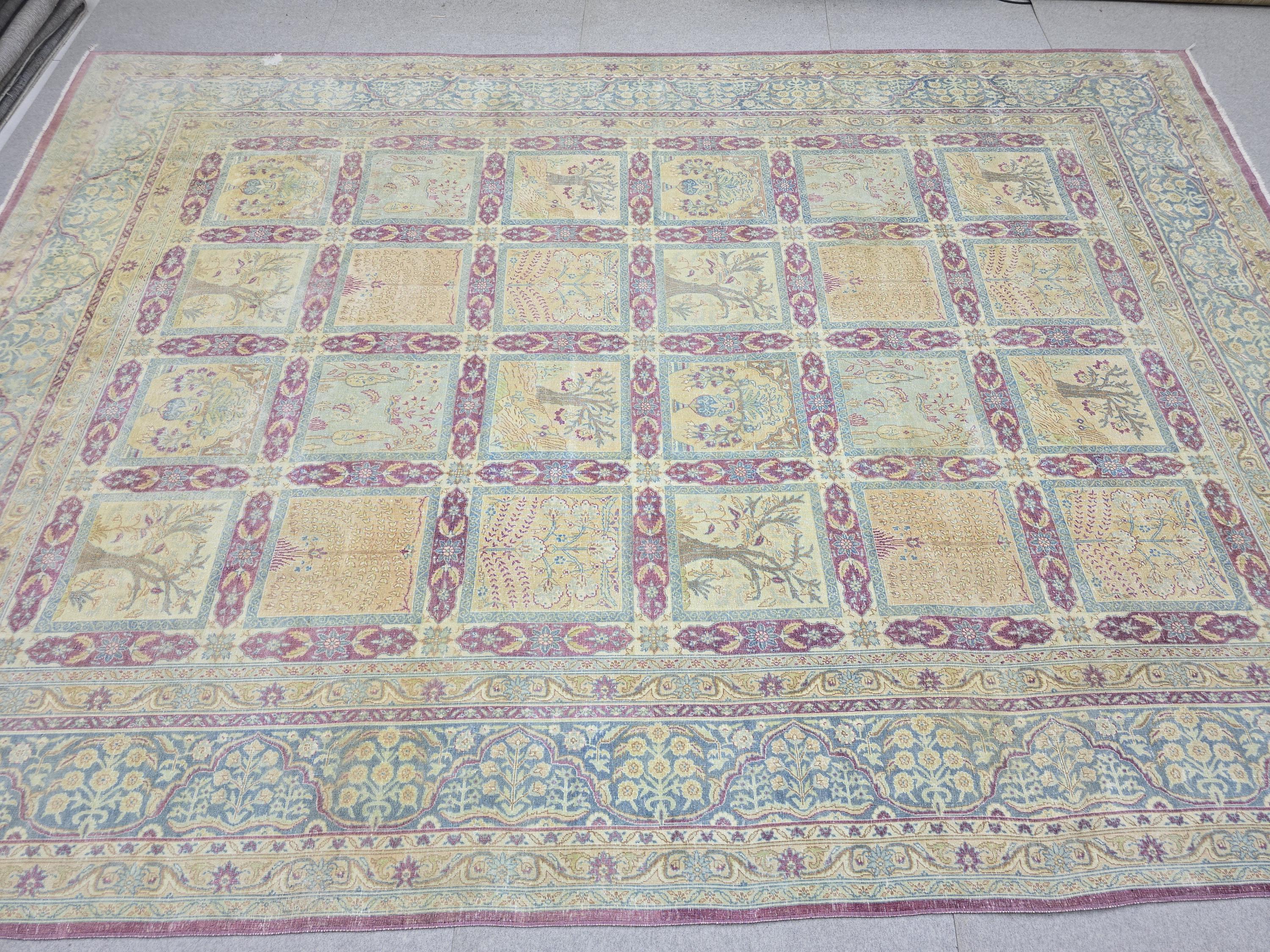 Vintage Rug 10x13 Antique 1910s Hand Knotted Wool Rug | Soft Blue Wheat Mauve | Living Room Dining Boho Decor