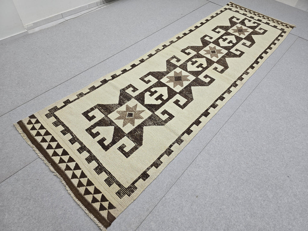 Vintage Rug Runner 4x12, Cream Brown Tribal Wool Hallway Carpet, Herki Turkish Runner, Hand Knotted Geometric Star Motif