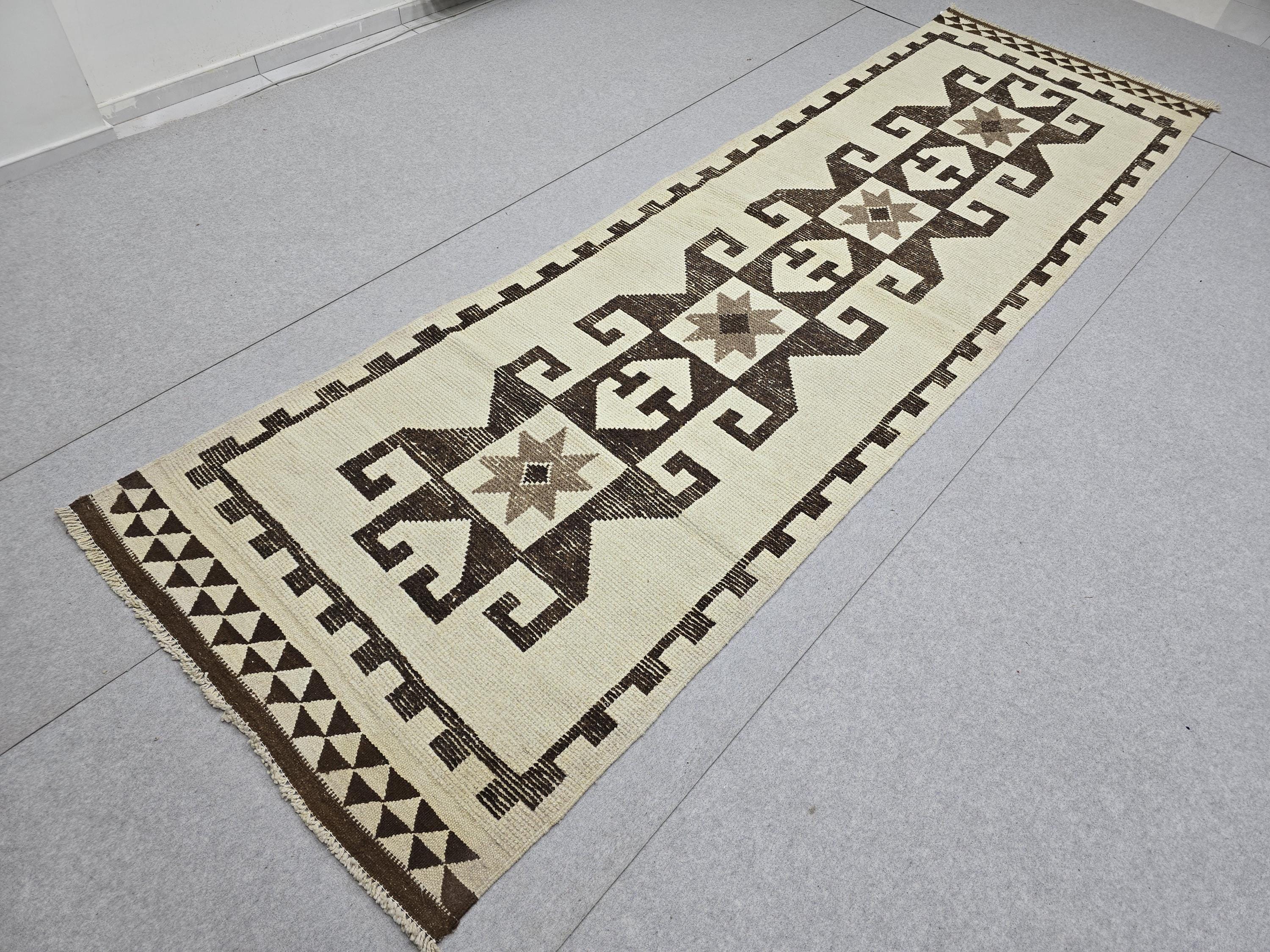Vintage Rug Runner 4x12, Cream Brown Tribal Wool Hallway Carpet, Herki Turkish Runner, Hand Knotted Geometric Star Motif